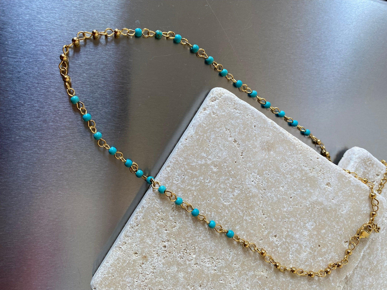 Petite Turquoise Stone Necklace, Small Layered Turquoise Chain Necklace for Her,Bohemia Style beaded Turquoise Choker. Perfect for Summer