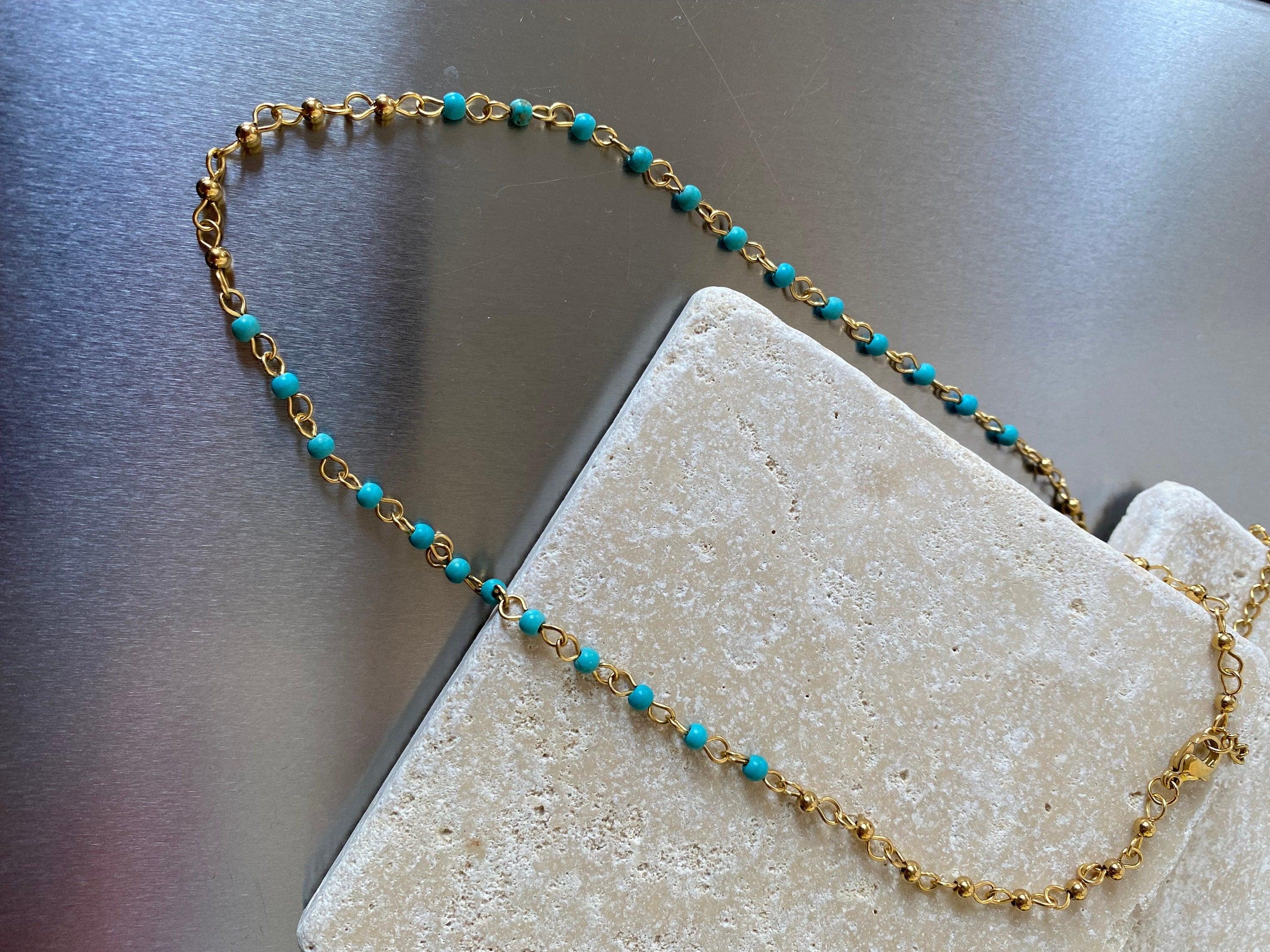 Petite Turquoise Stone Necklace, Small Layered Turquoise Chain Necklace for Her,Bohemia Style beaded Turquoise Choker. Perfect for Summer