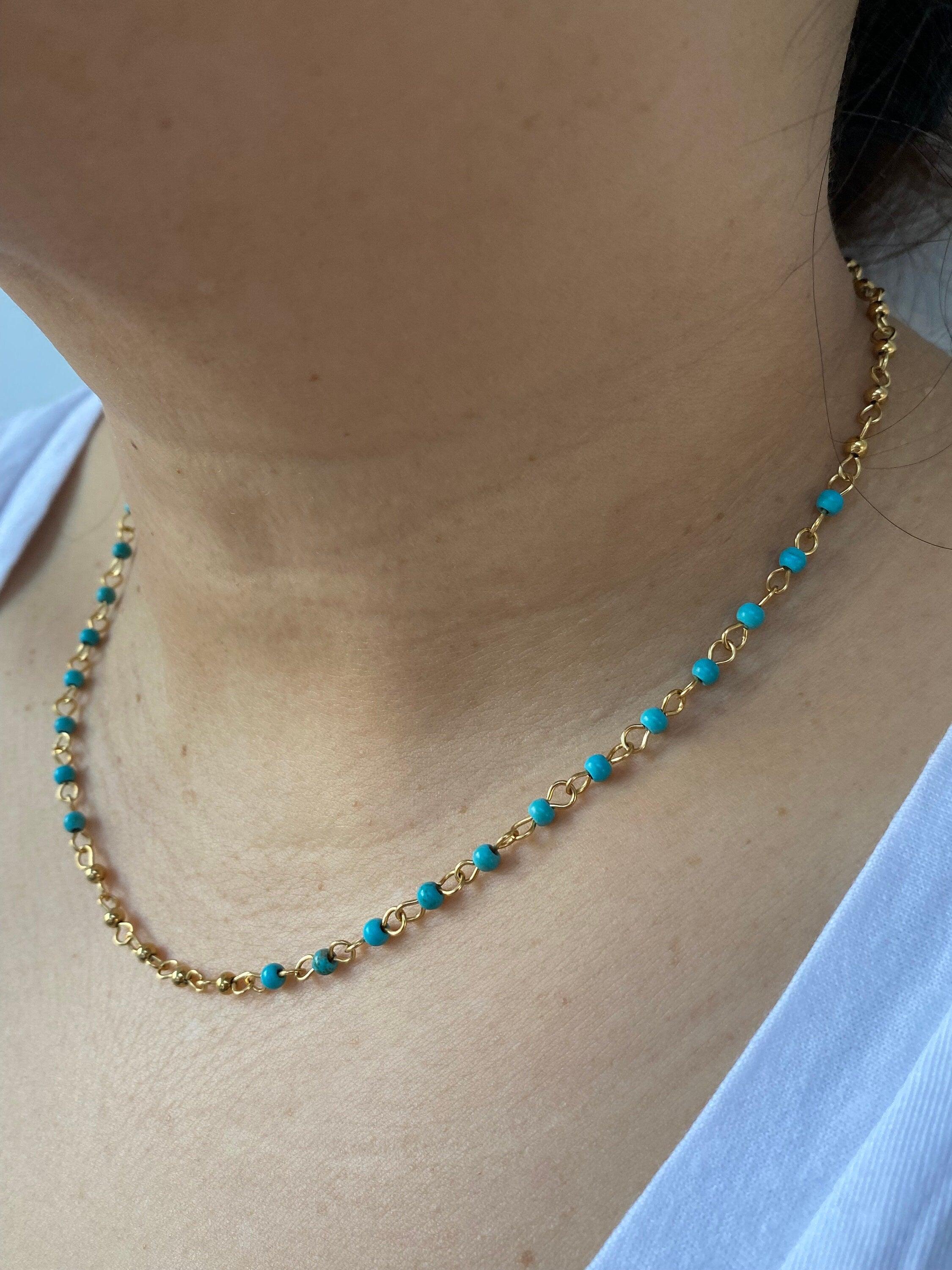 Petite Turquoise Stone Necklace, Small Layered Turquoise Chain Necklace for Her,Bohemia Style beaded Turquoise Choker. Perfect for Summer