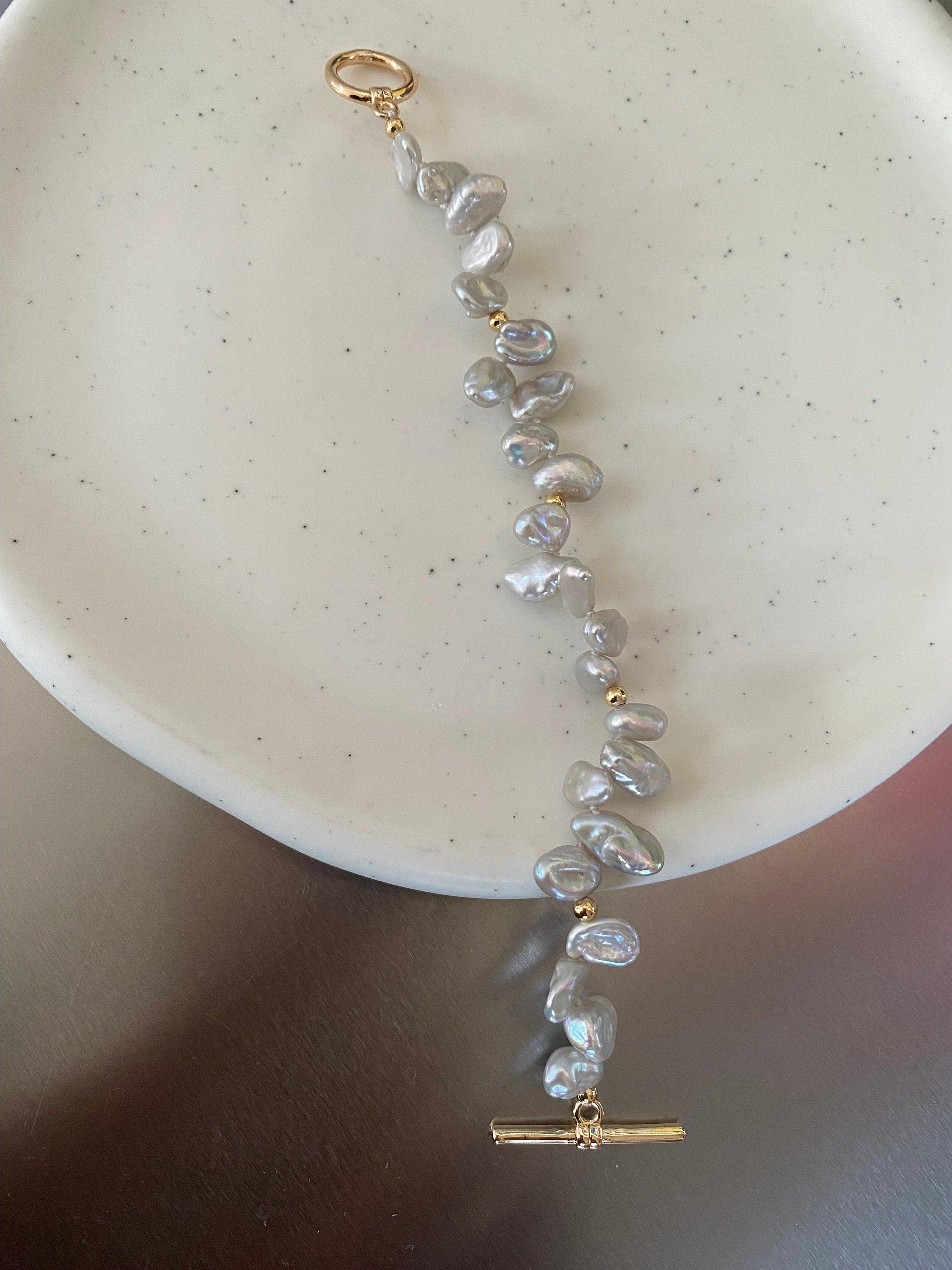 Grey lustrous Natural Keshi Petal Pearl Bracelet, Rainbow Glow Keshi Pearl Bracelet for Her, Tiny Cornflakes Pearl Bracelet, Fit small Wrist