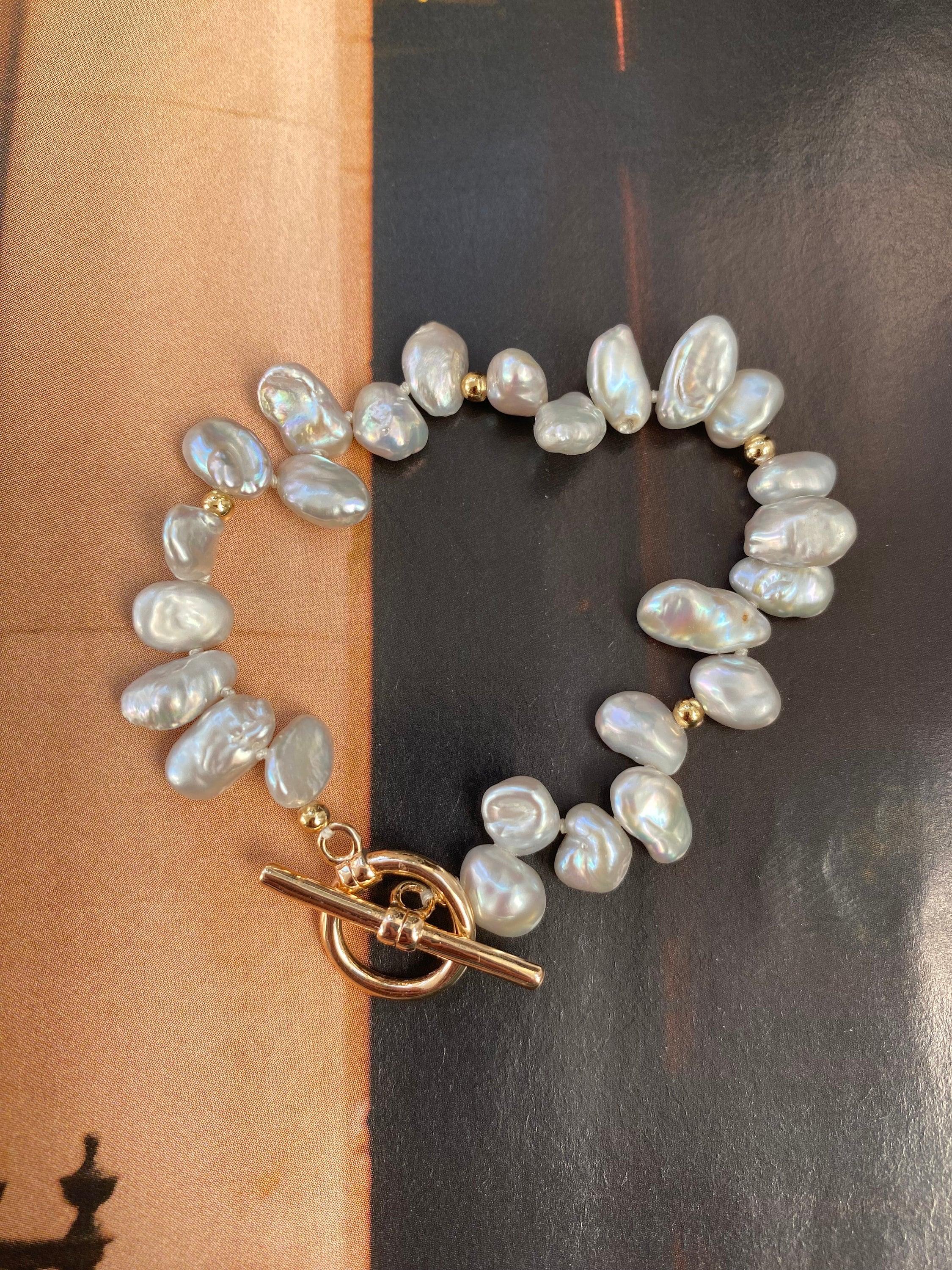 Grey lustrous Natural Keshi Petal Pearl Bracelet, Rainbow Glow Keshi Pearl Bracelet for Her, Tiny Cornflakes Pearl Bracelet, Fit small Wrist