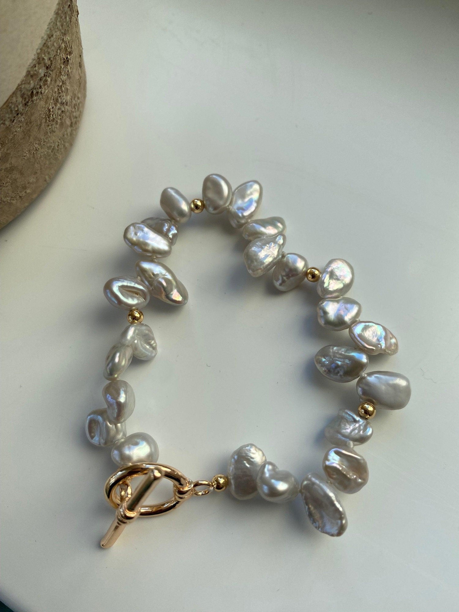 Grey lustrous Natural Keshi Petal Pearl Bracelet, Rainbow Glow Keshi Pearl Bracelet for Her, Tiny Cornflakes Pearl Bracelet, Fit small Wrist