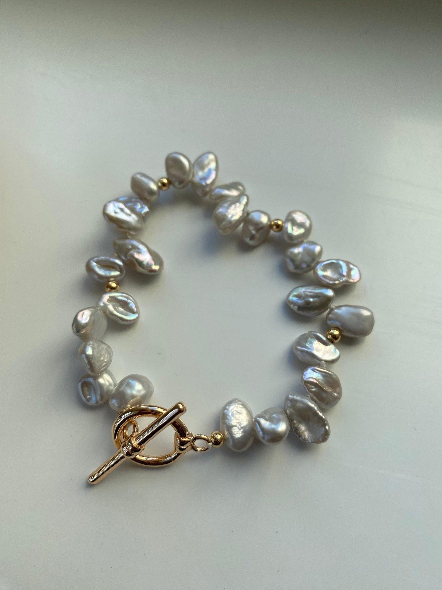 Grey lustrous Natural Keshi Petal Pearl Bracelet, Rainbow Glow Keshi Pearl Bracelet for Her, Tiny Cornflakes Pearl Bracelet, Fit small Wrist