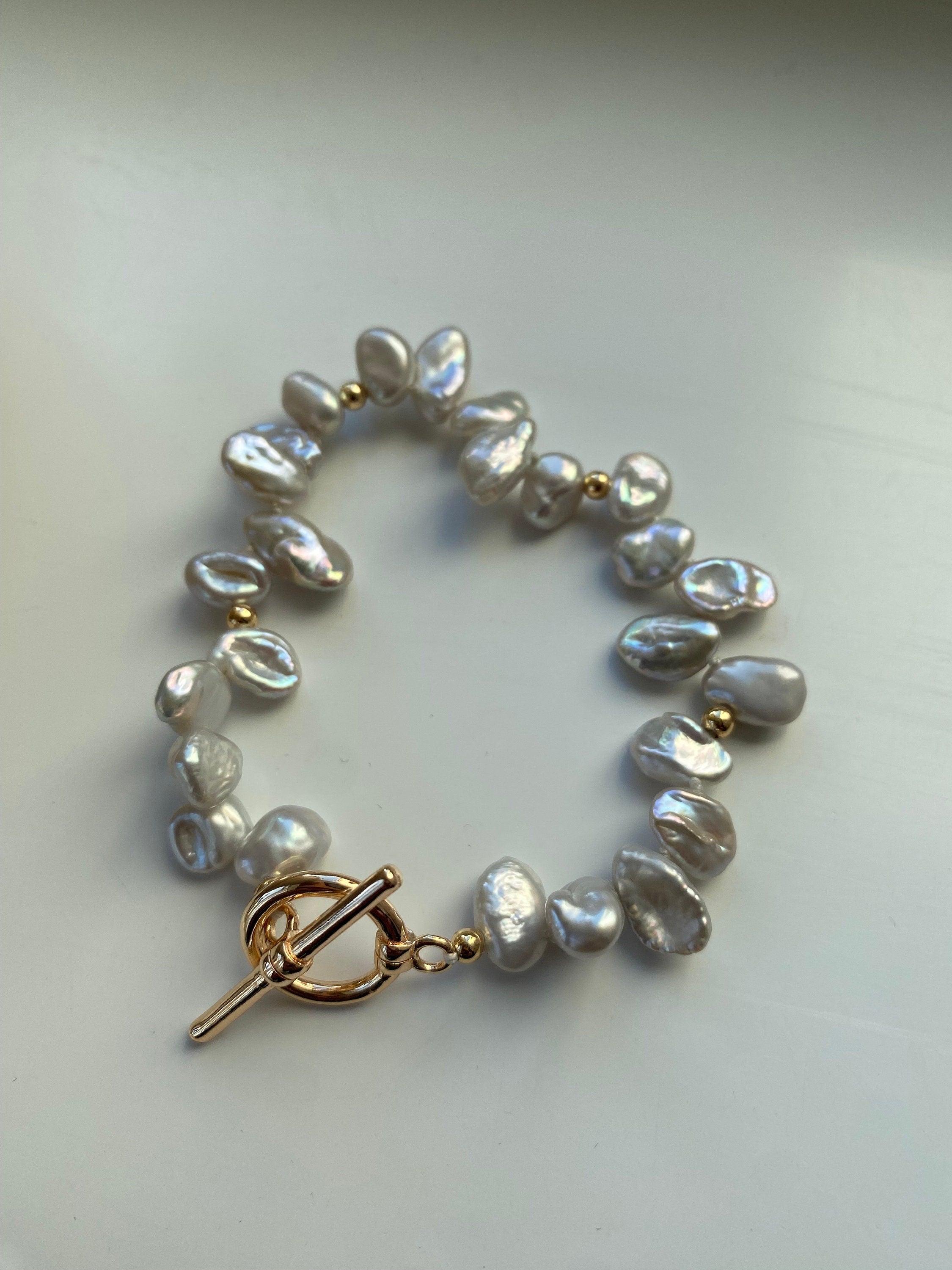 Grey lustrous Natural Keshi Petal Pearl Bracelet, Rainbow Glow Keshi Pearl Bracelet for Her, Tiny Cornflakes Pearl Bracelet, Fit small Wrist