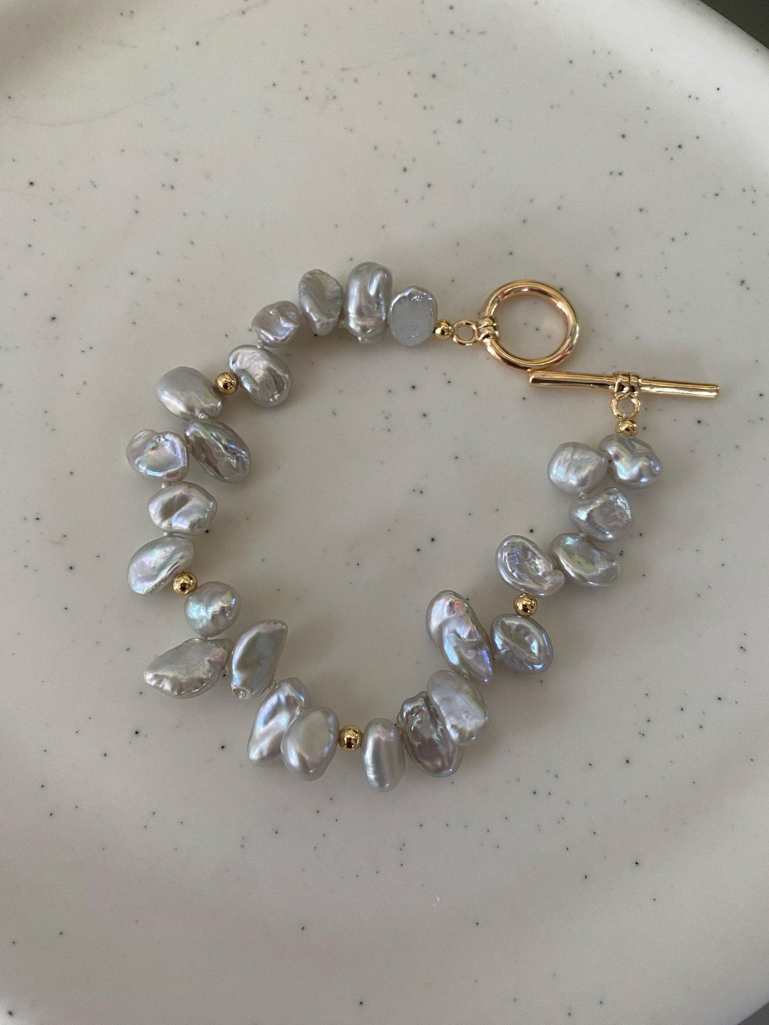 Grey lustrous Natural Keshi Petal Pearl Bracelet, Rainbow Glow Keshi Pearl Bracelet for Her, Tiny Cornflakes Pearl Bracelet, Fit small Wrist