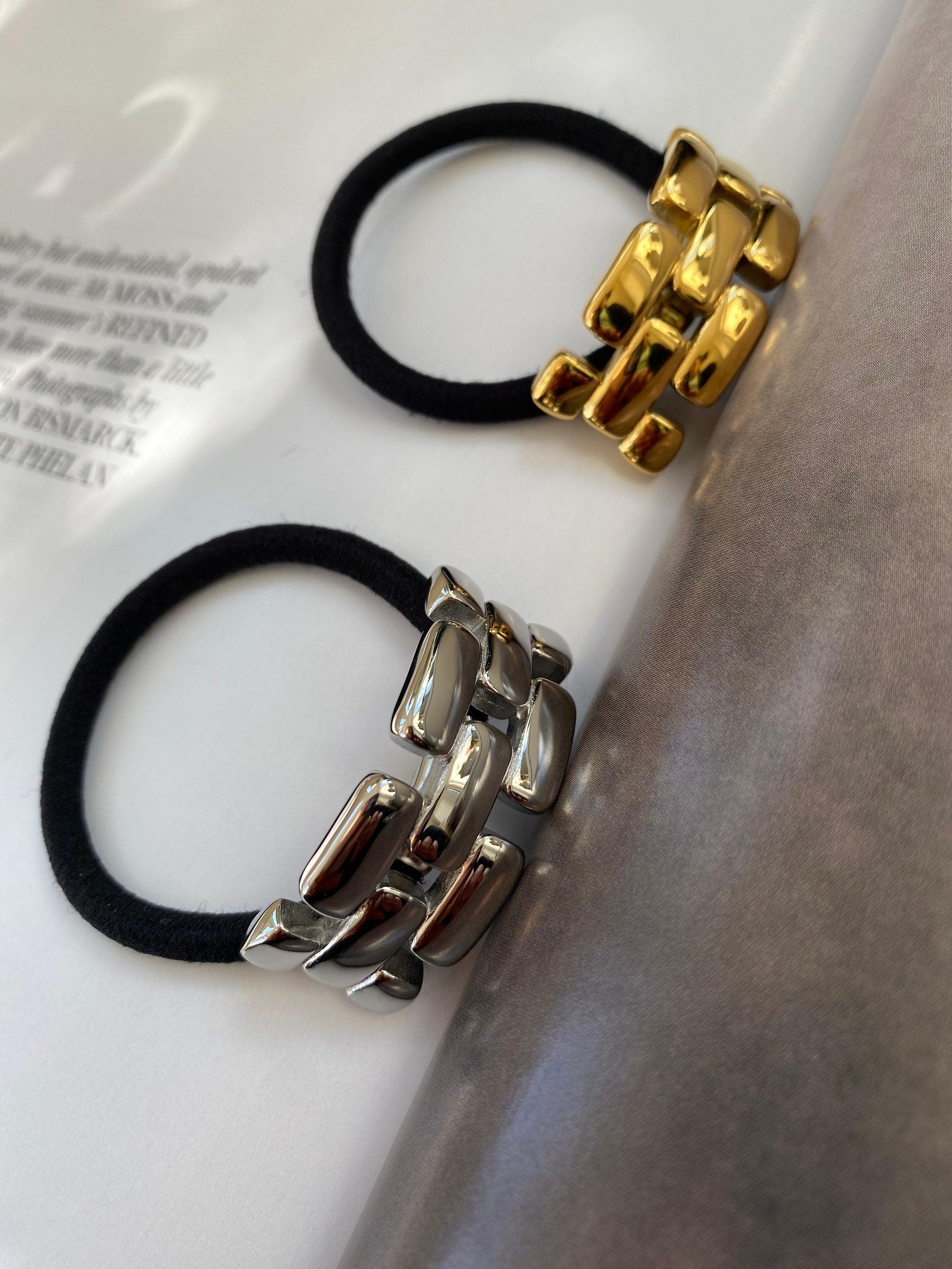 Glossy Watch Chains Hair Ties, Heirloom Chain Ponytail Holder, 18K Gold and Silver Shines Hair Cuffs, Metal Elastic Hair Bands