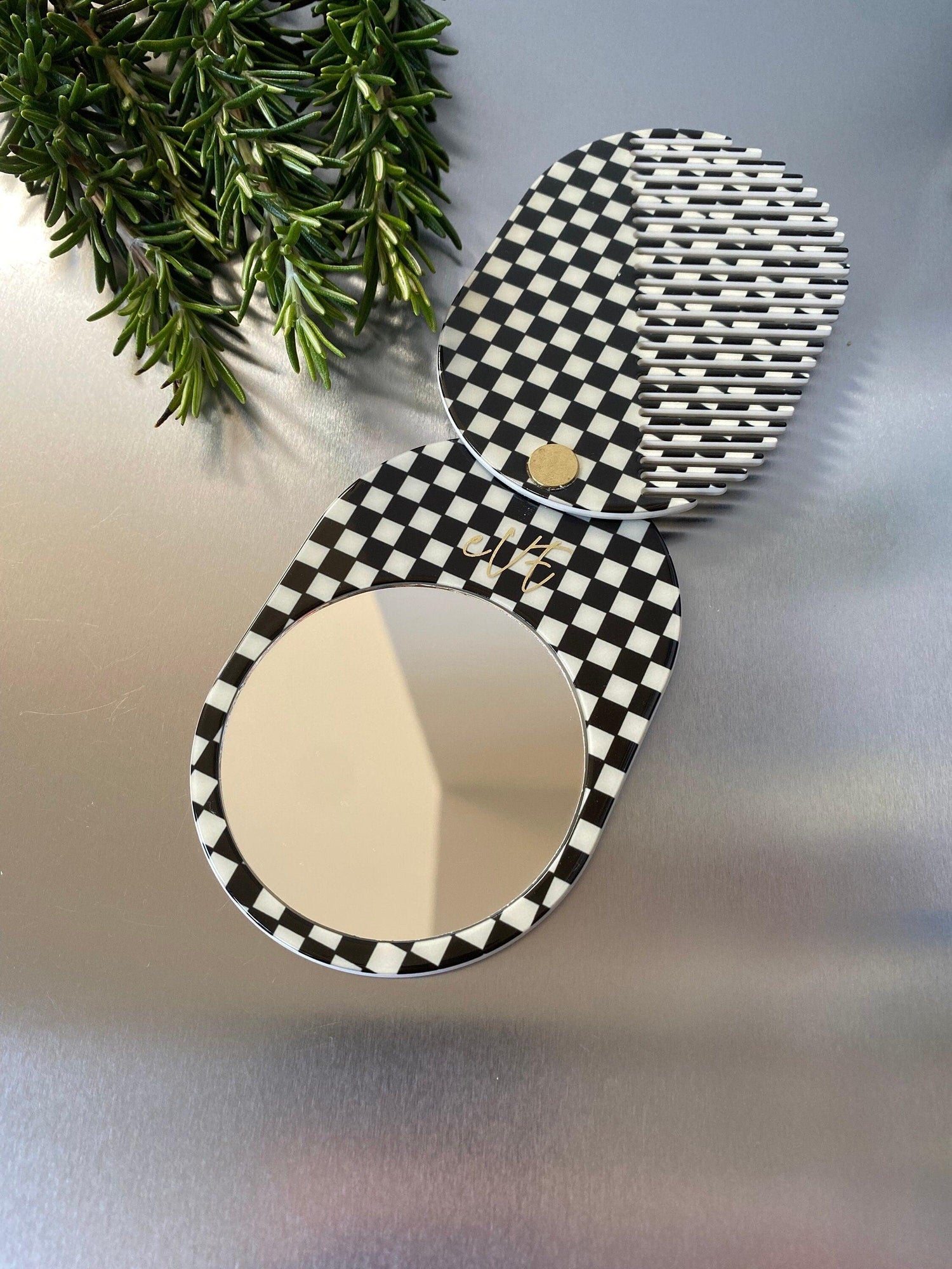 Retro Checkered Folding Mirror and Mini Slide Hair Comb Compact Set, Portable Handheld Mirror Checkerboard Design
