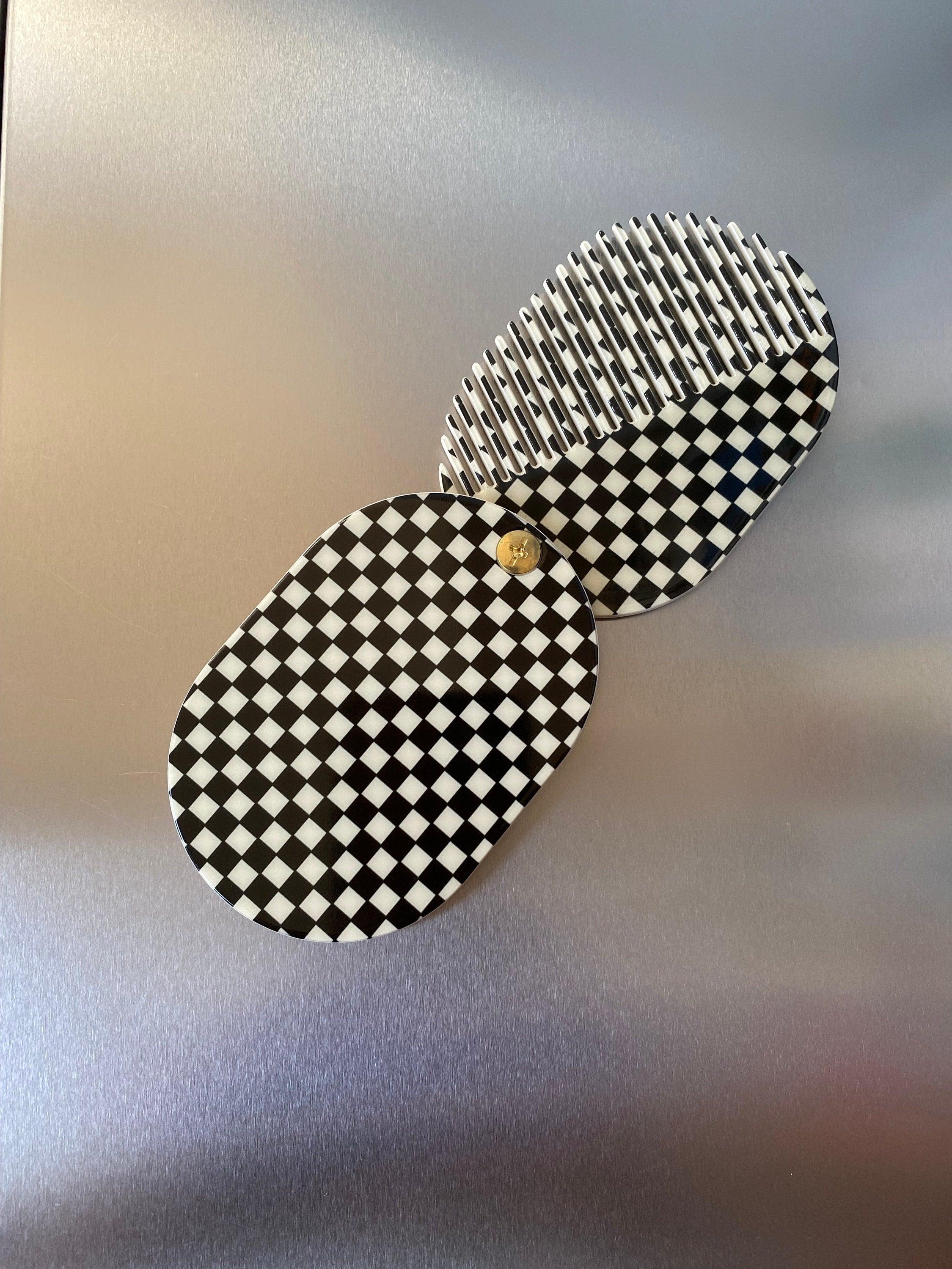 Retro Checkered Folding Mirror and Mini Slide Hair Comb Compact Set, Portable Handheld Mirror Checkerboard Design