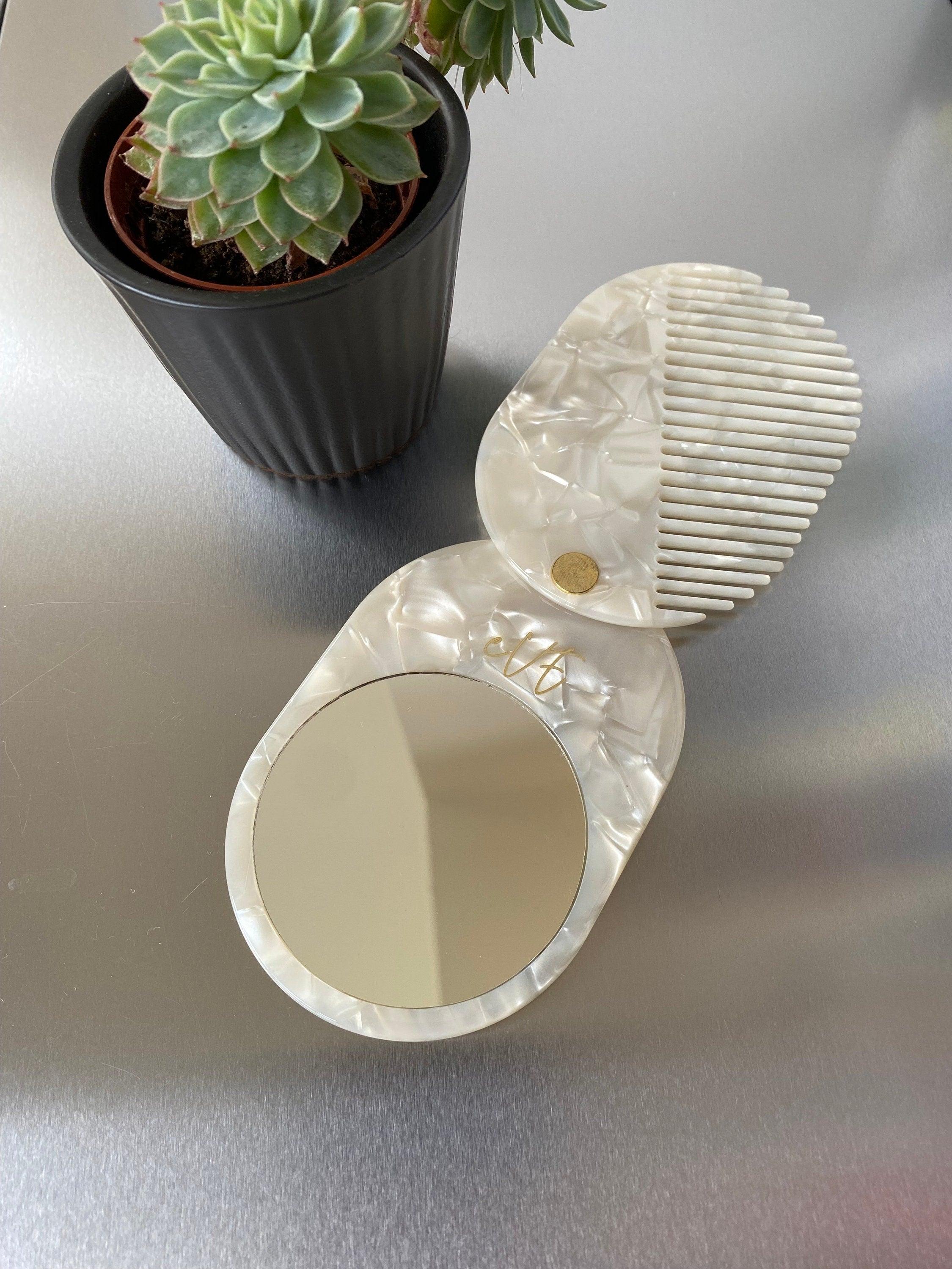 Acetate Folding Mirror and Mini Slide Hair Comb Set, Pocket Mother of Pearl Bridesmaid Gift