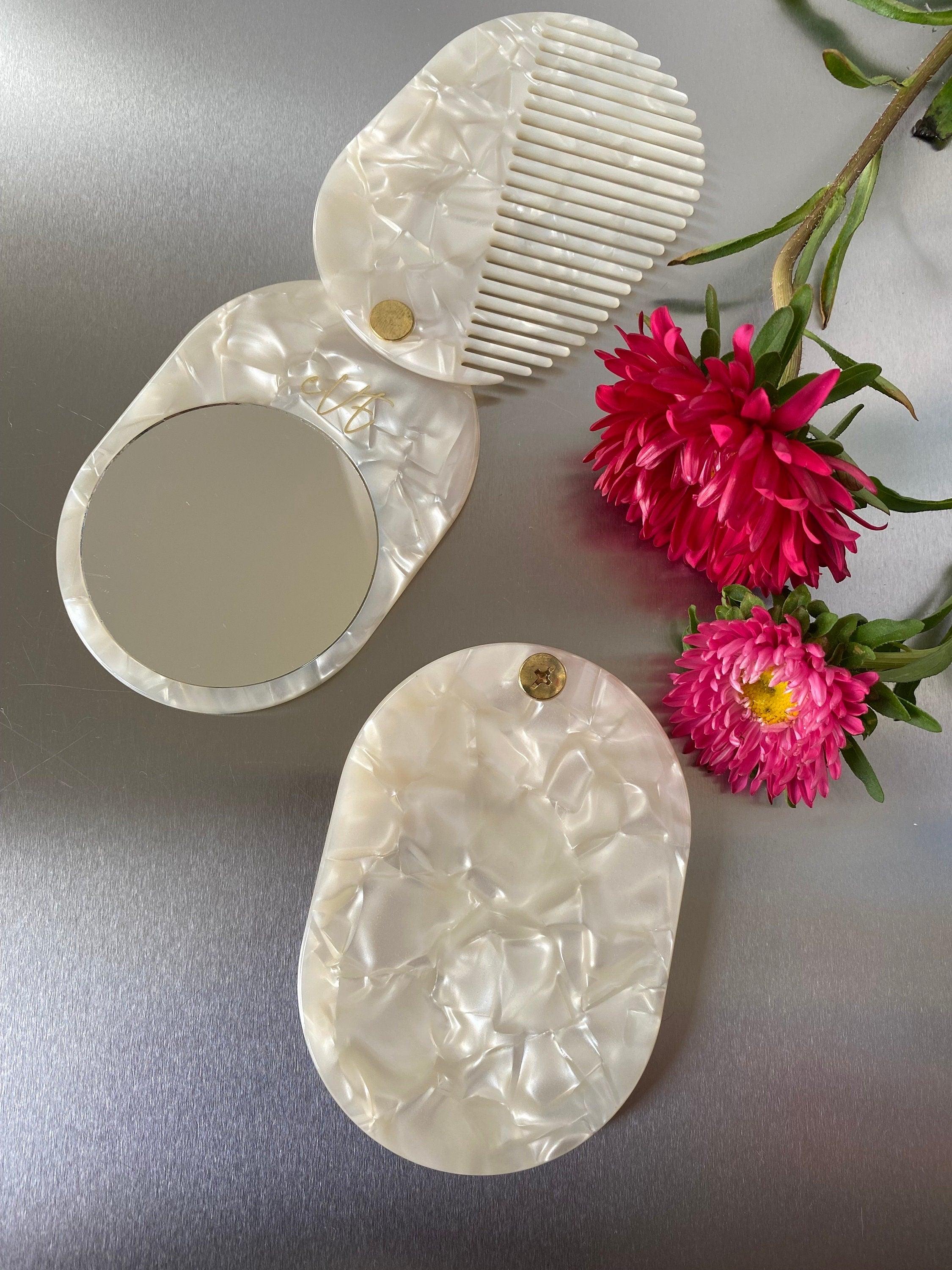 Acetate Folding Mirror and Mini Slide Hair Comb Set, Pocket Mother of Pearl Bridesmaid Gift