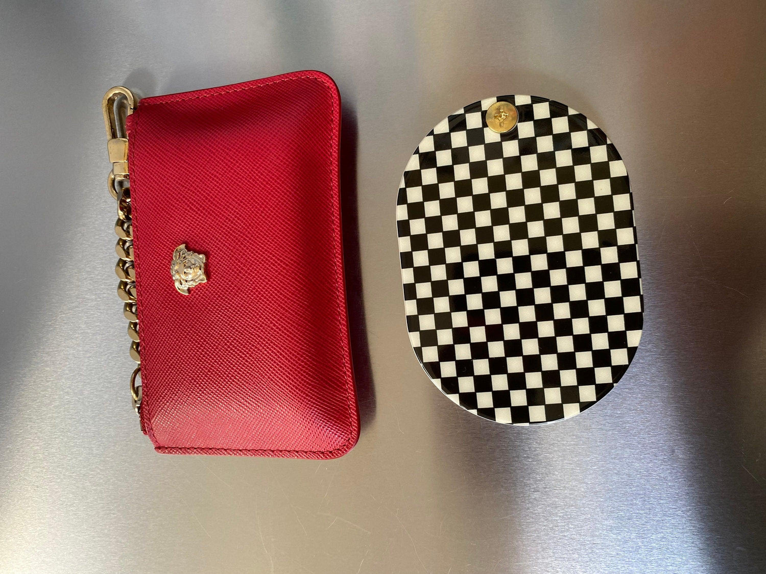 Retro Checkered Folding Mirror and Mini Slide Hair Comb Compact Set, Portable Handheld Mirror Checkerboard Design