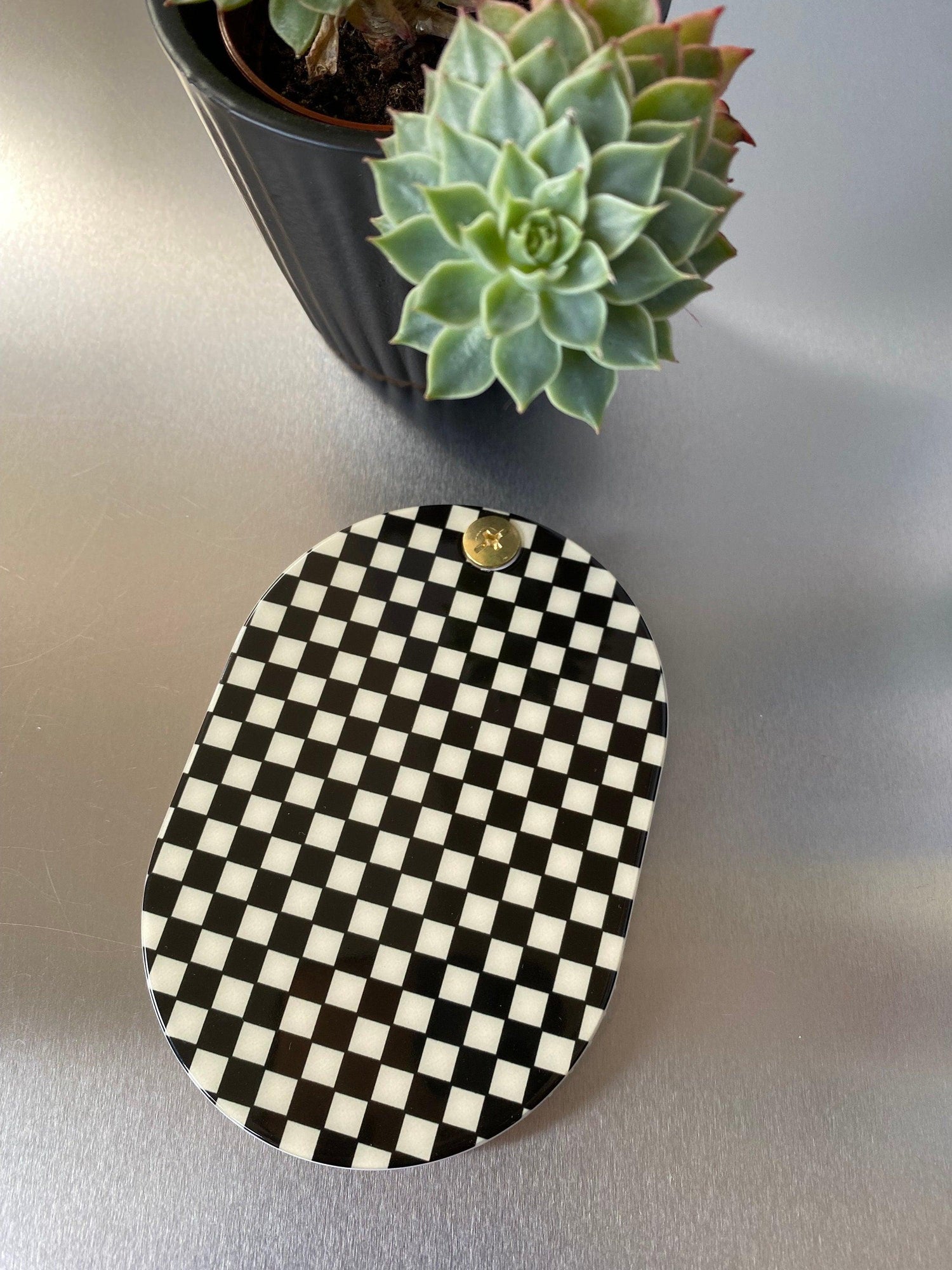 Retro Checkered Folding Mirror and Mini Slide Hair Comb Compact Set, Portable Handheld Mirror Checkerboard Design