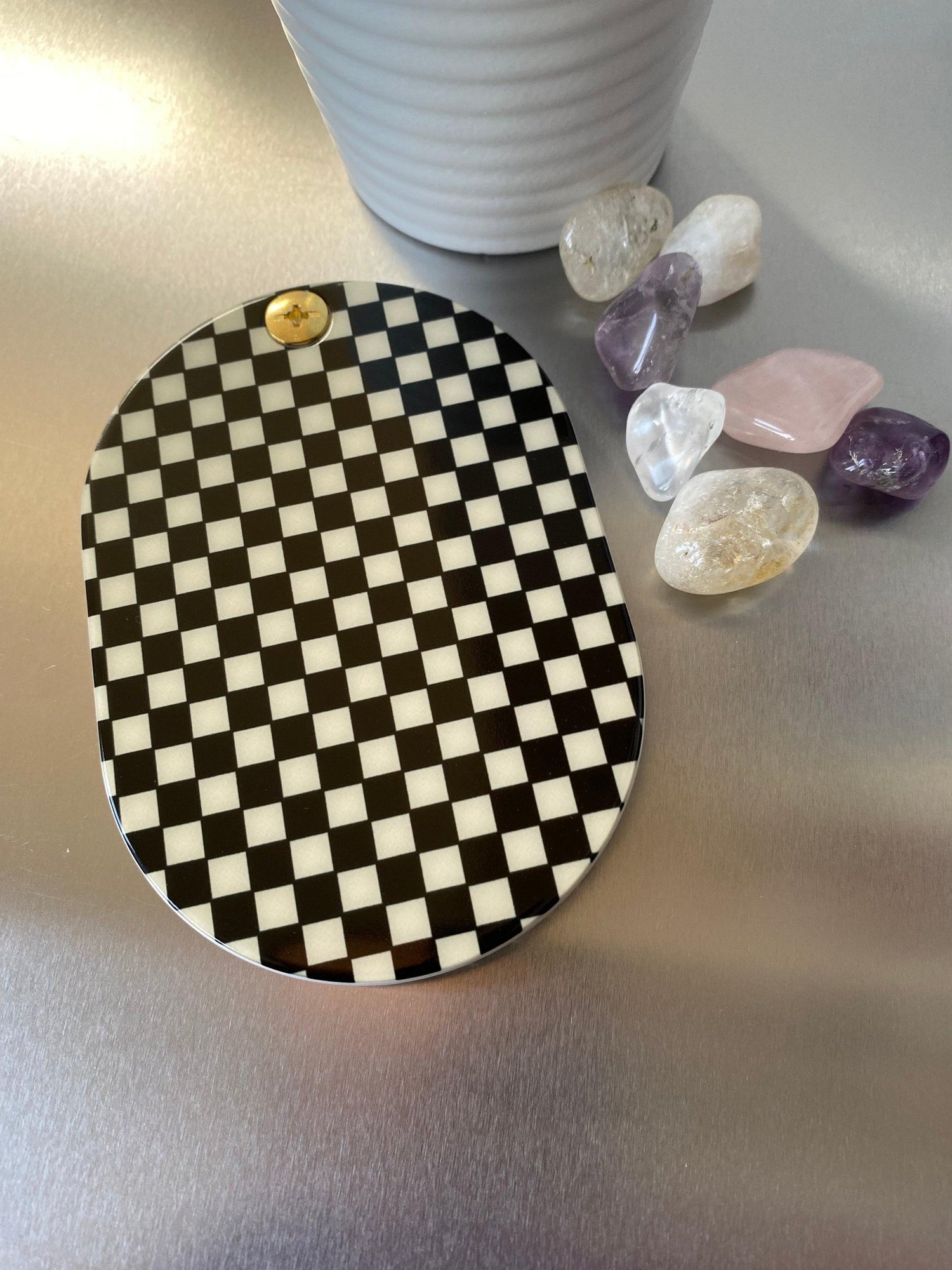 Retro Checkered Folding Mirror and Mini Slide Hair Comb Compact Set, Portable Handheld Mirror Checkerboard Design