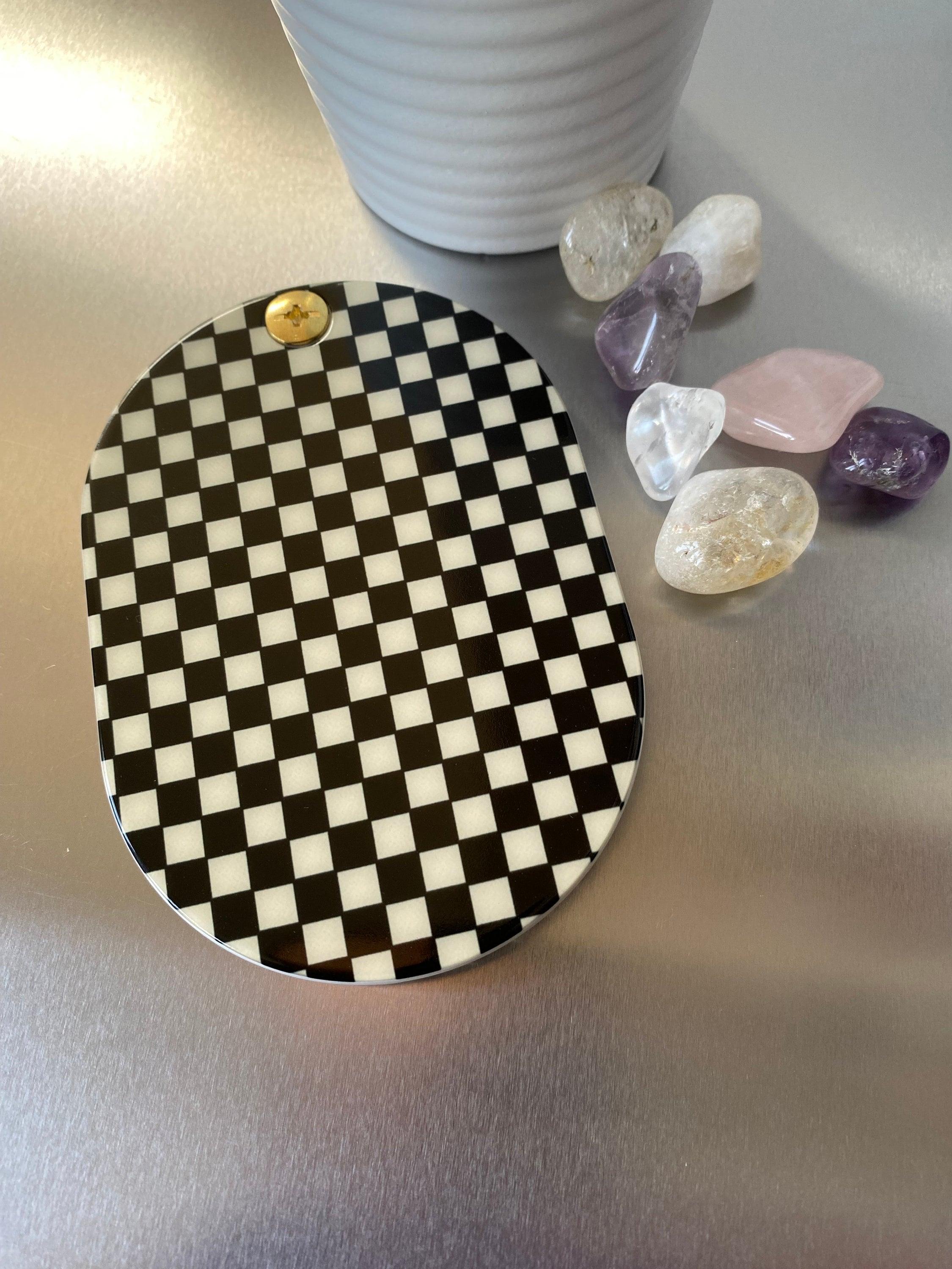 Retro Checkered Folding Mirror and Mini Slide Hair Comb Compact Set, Portable Handheld Mirror Checkerboard Design