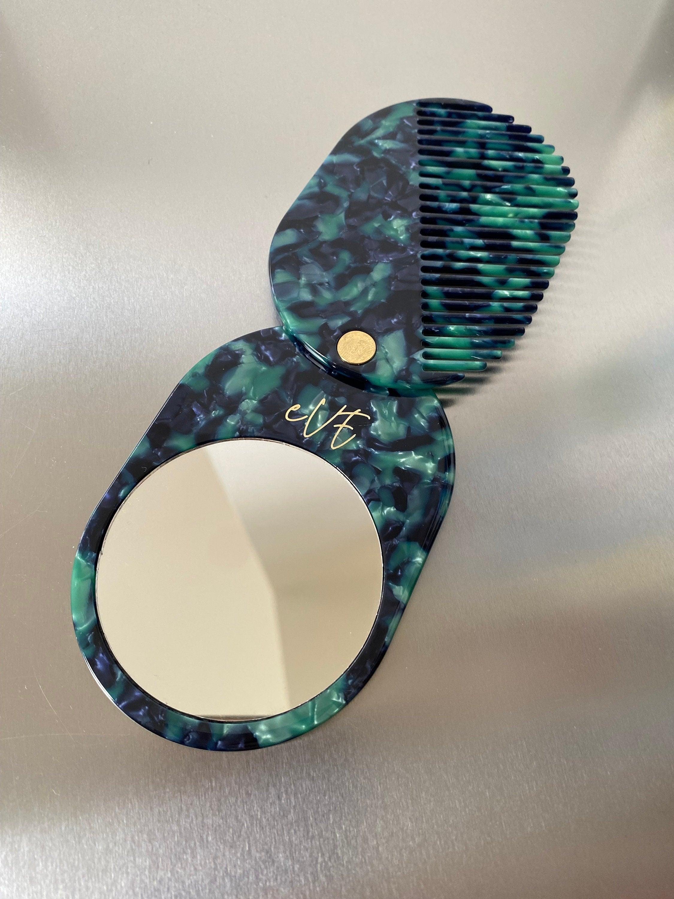 Green Folding Mirror with Mini Slide Hair Comb Set, Compact Jade Bridesmaid Gift Ideas