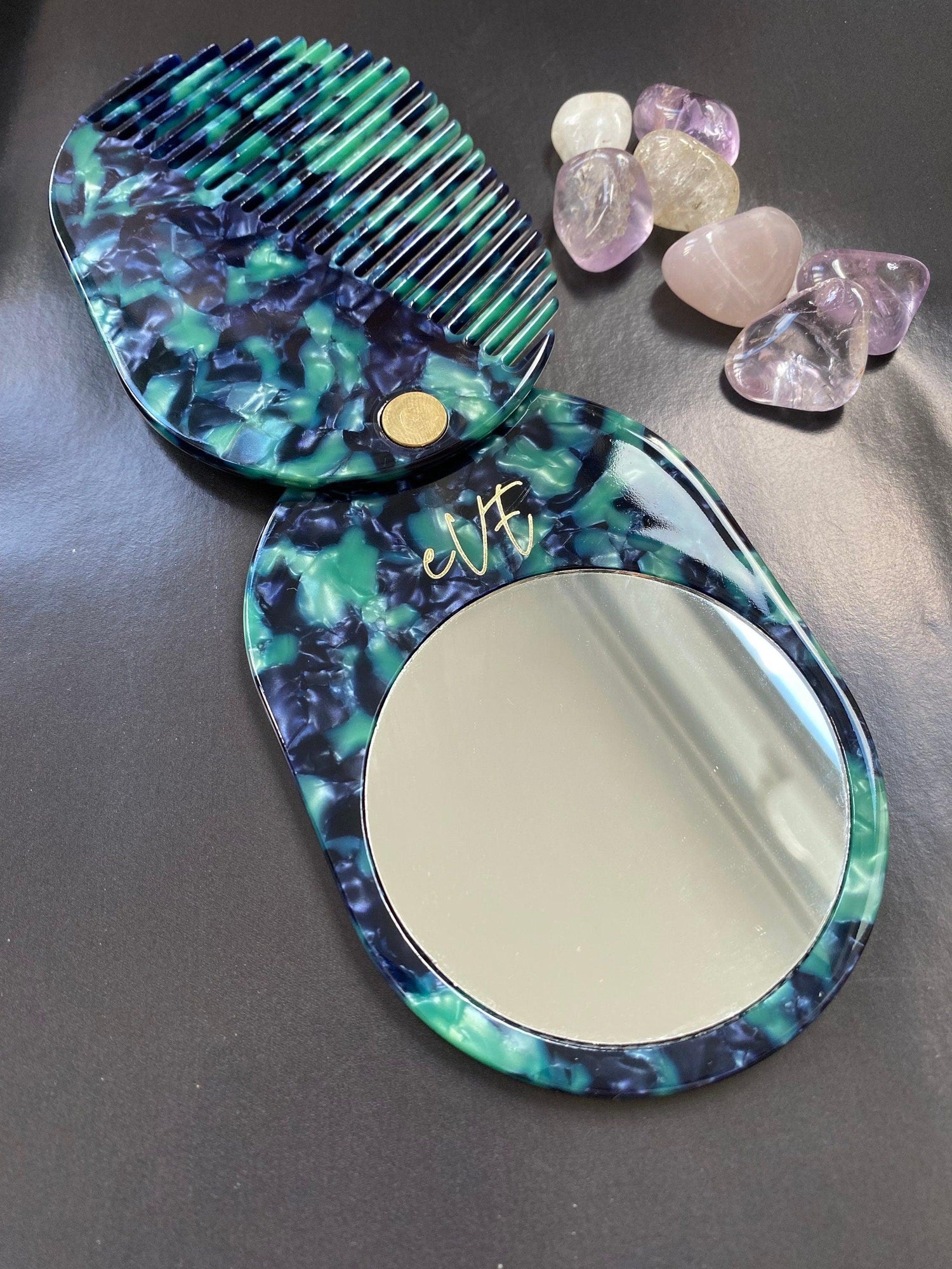 Green Folding Mirror with Mini Slide Hair Comb Set, Compact Jade Bridesmaid Gift Ideas
