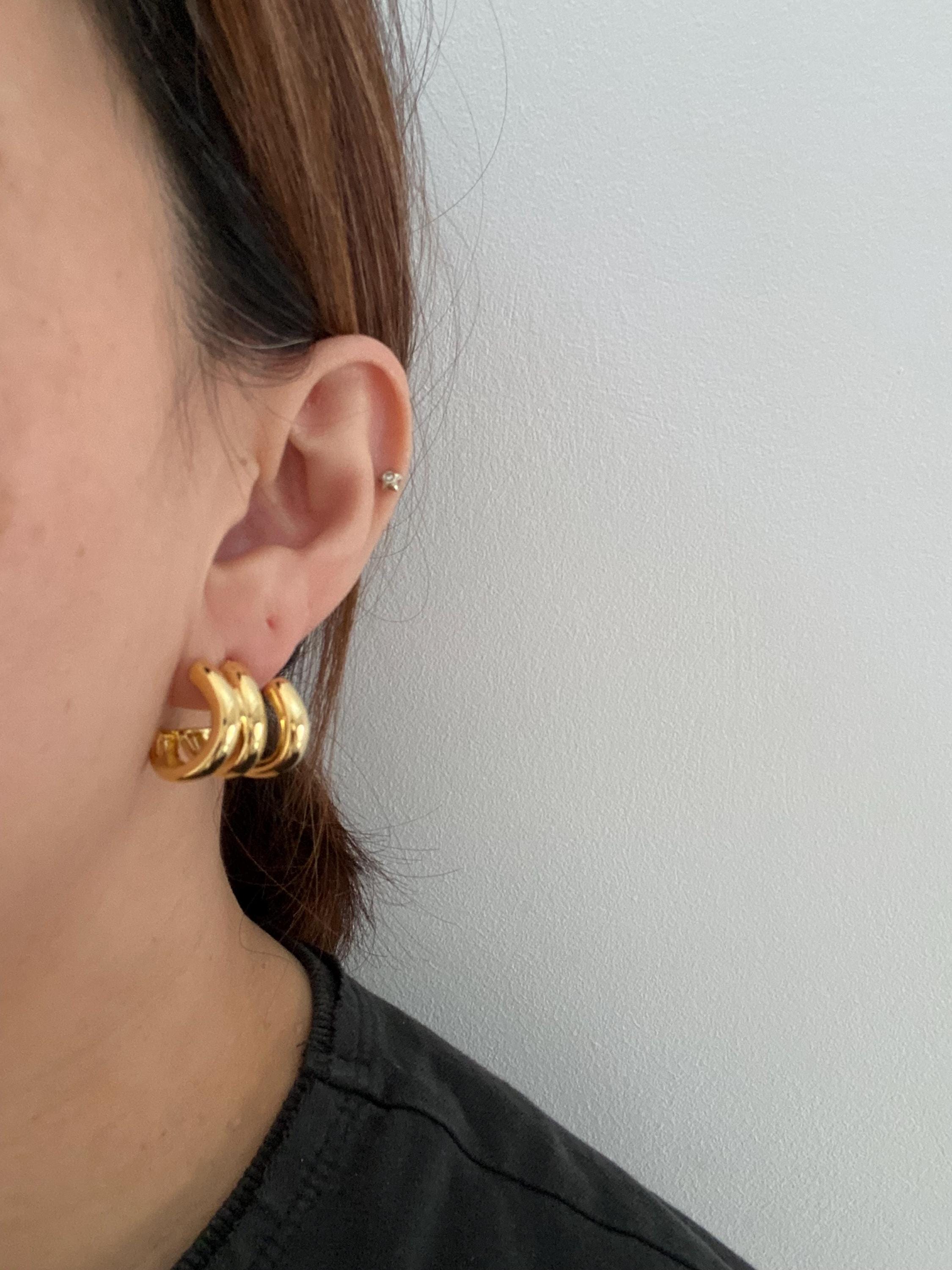 Triple Hoop Earrings, Huggie Chunky Triple Hoop Earrings, 18k Gold Plated Claw Hoop Earrings, S925 Sterling Silver Needle. Gift for Her