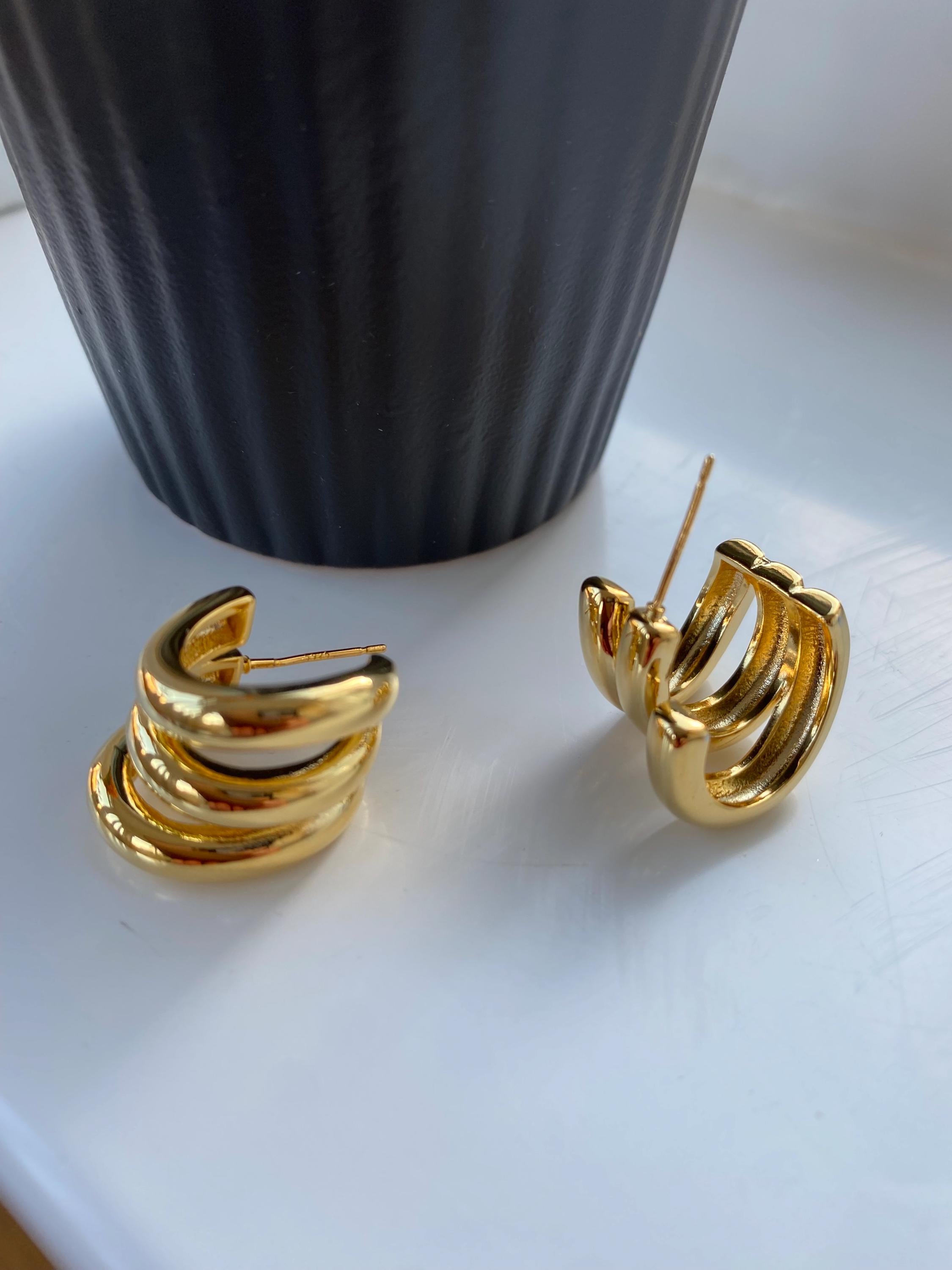 Triple Hoop Earrings, Huggie Chunky Triple Hoop Earrings, 18k Gold Plated Claw Hoop Earrings, S925 Sterling Silver Needle. Gift for Her