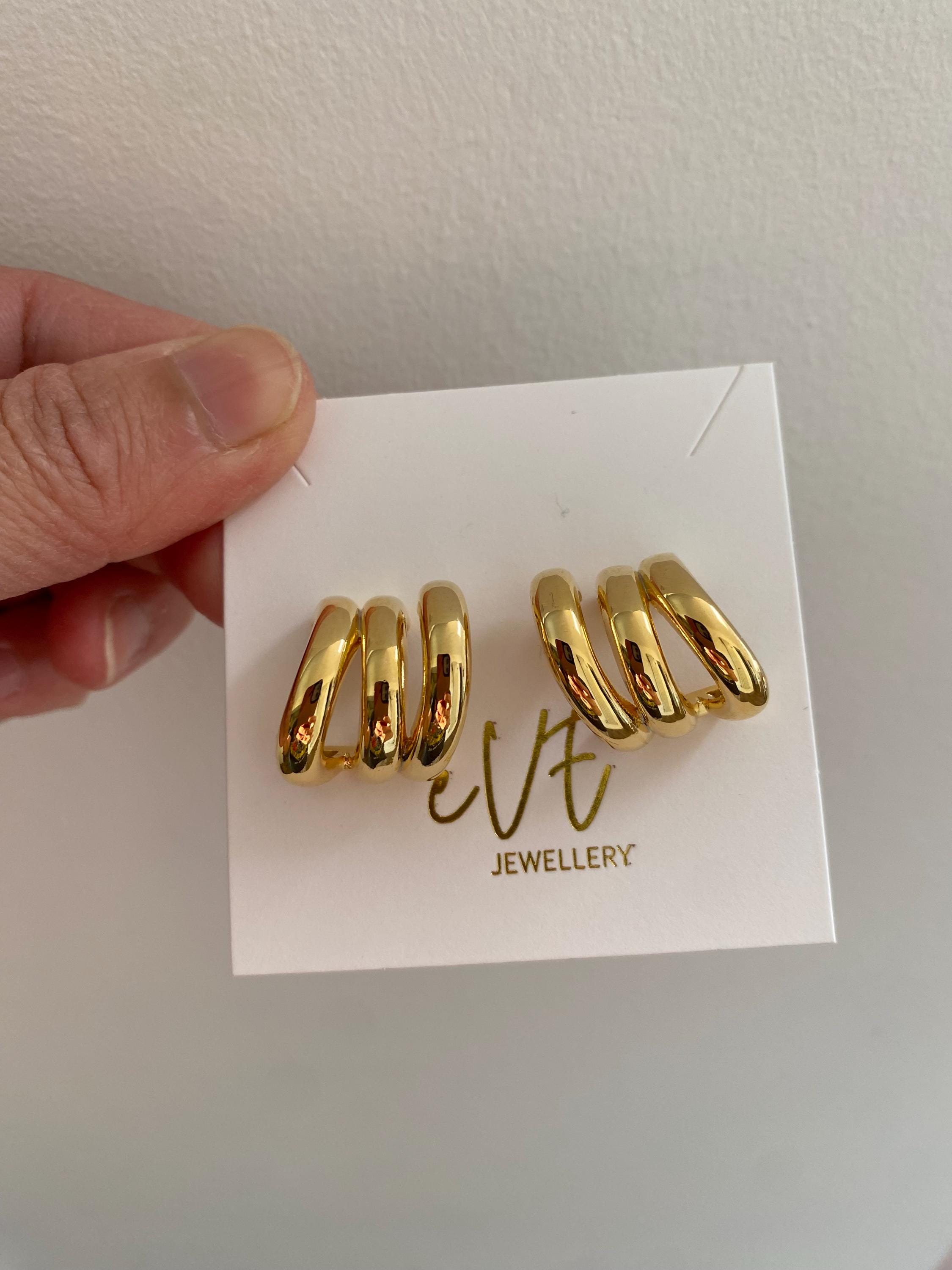 Triple Hoop Earrings, Huggie Chunky Triple Hoop Earrings, 18k Gold Plated Claw Hoop Earrings, S925 Sterling Silver Needle. Gift for Her