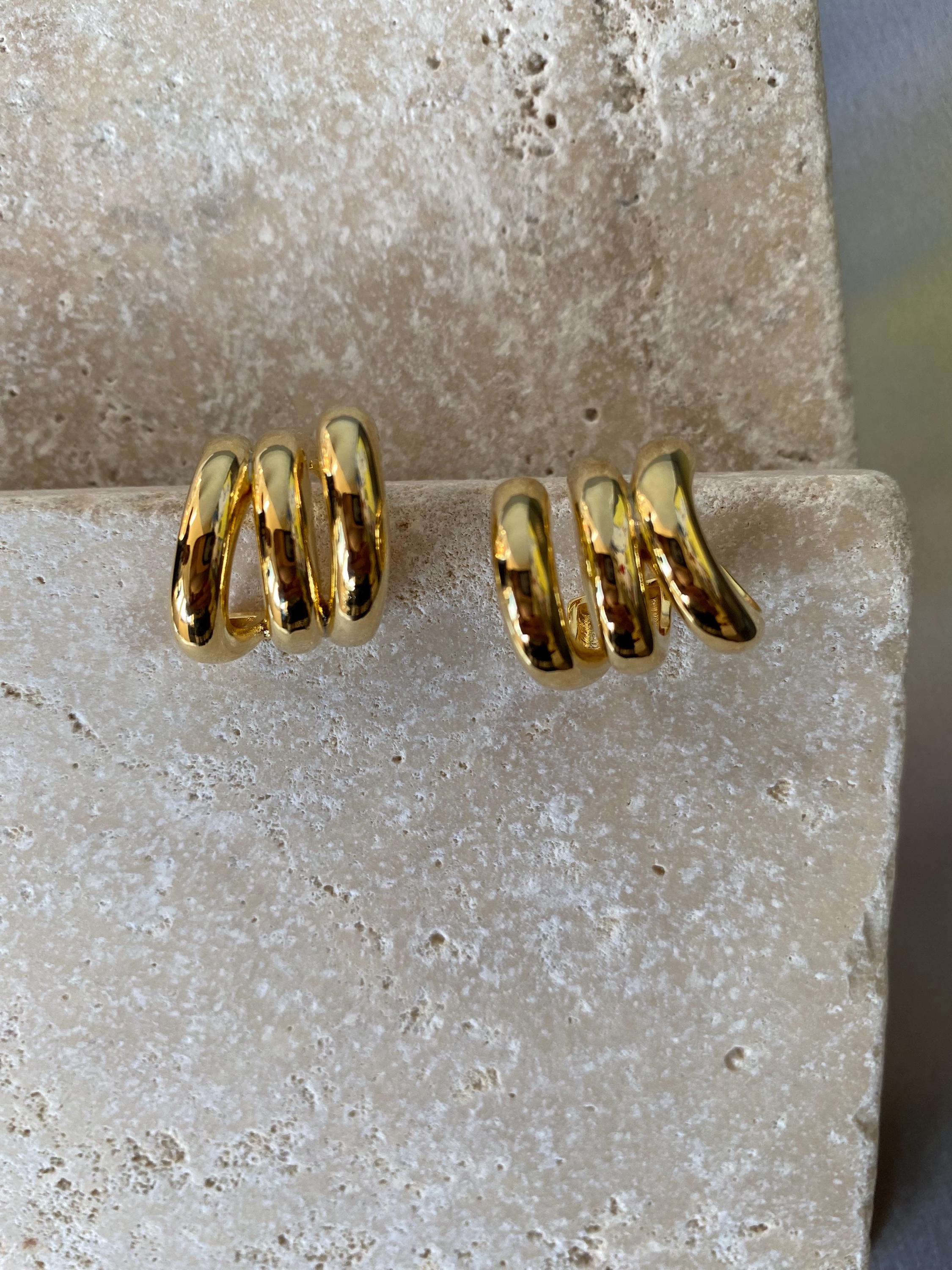 Triple Hoop Earrings, Huggie Chunky Triple Hoop Earrings, 18k Gold Plated Claw Hoop Earrings, S925 Sterling Silver Needle. Gift for Her