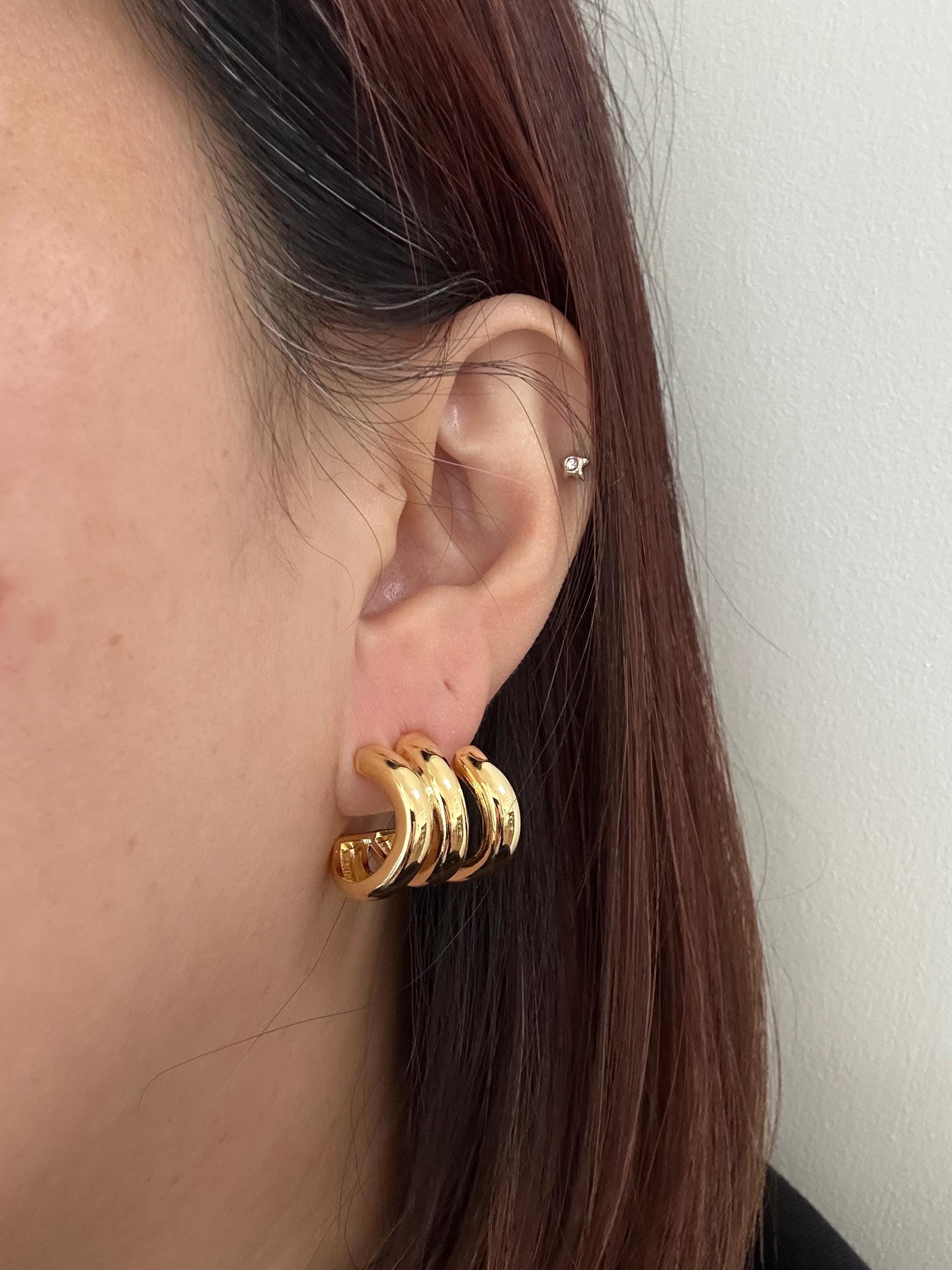 Triple Hoop Earrings, Huggie Chunky Triple Hoop Earrings, 18k Gold Plated Claw Hoop Earrings, S925 Sterling Silver Needle. Gift for Her