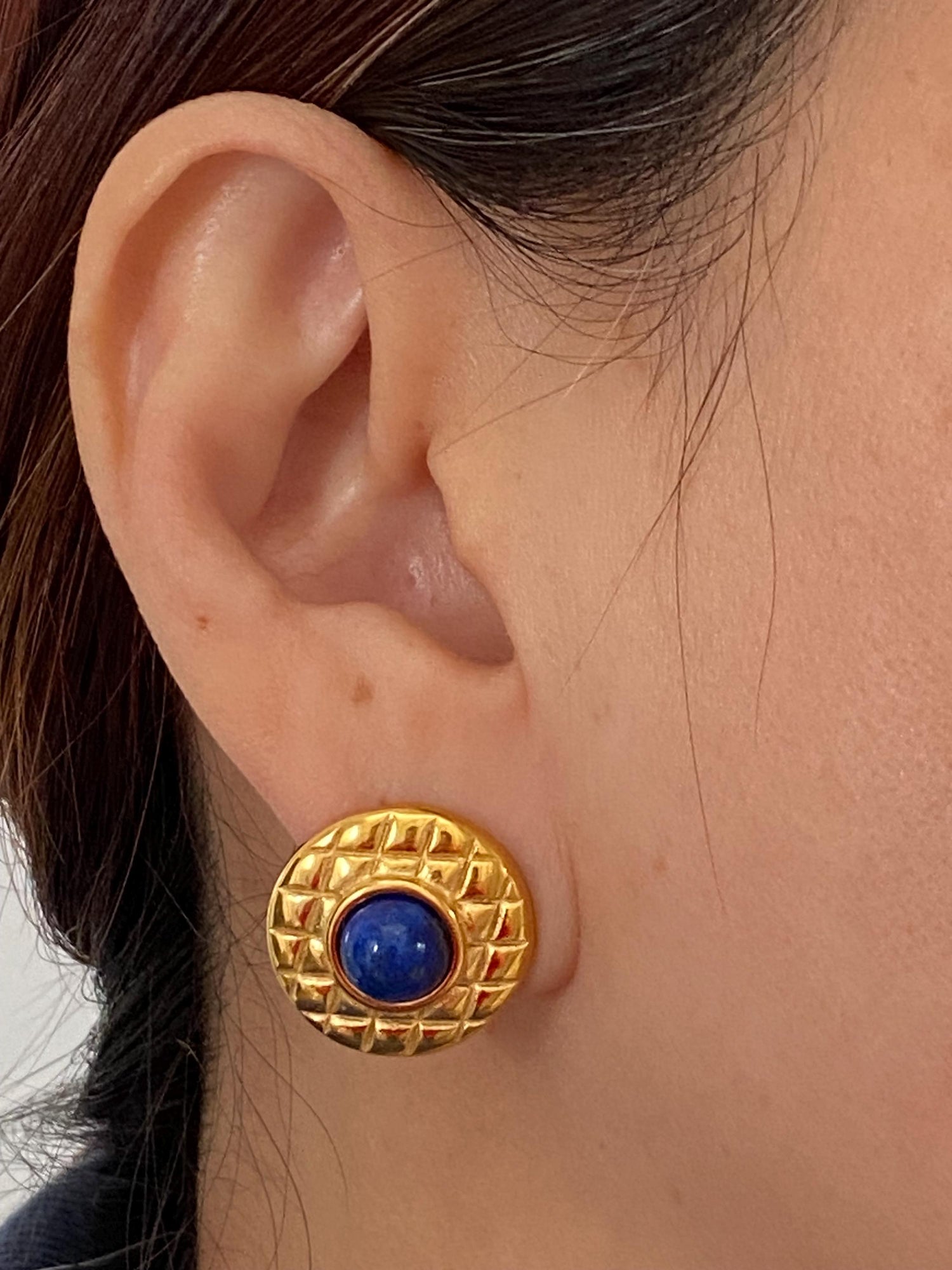 18K Gold Round Lapis Lazuli Stud Earrings, Classic Lapis Lazuli Earrings for Her, Dainty Lapis Lazuli Stud Earrings, Vintage Style