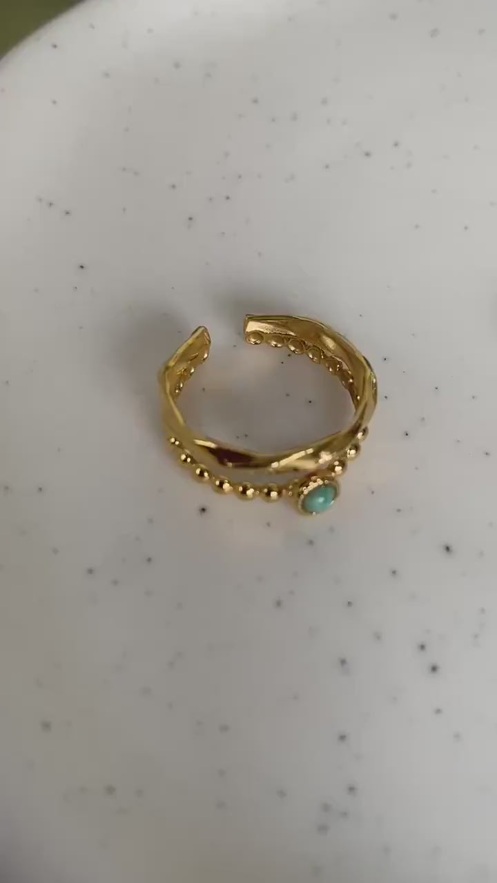 Blue Lapis Lazuli Ring, Double Layered Turquoise Ring, Multiple Layered Black Zircon Ring. Adjustable Semi Precious Stone Ring Lucky Stone