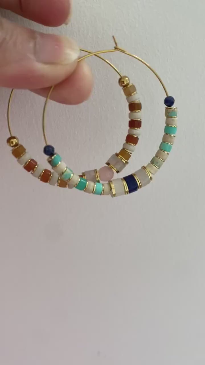 18k Gold Hoop Earrings with Pink Rose Quartz and Turquoise Gemstones for Her