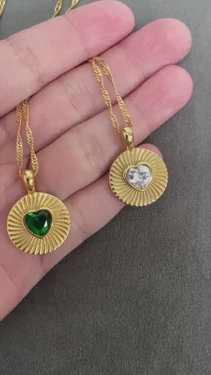 Malachite Heart Coin Pendant Necklace, 18K Gold Sparkling Zircon Charm Necklace, Delicate For Her