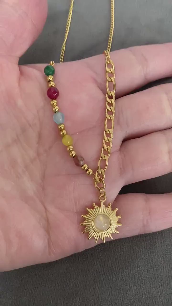 Figaro Chain Opal Stone Beads Sun Necklace, Colourful Mini Nugget Gemstone Sun Necklace for Women, 18K Gold Opal Sun Necklace
