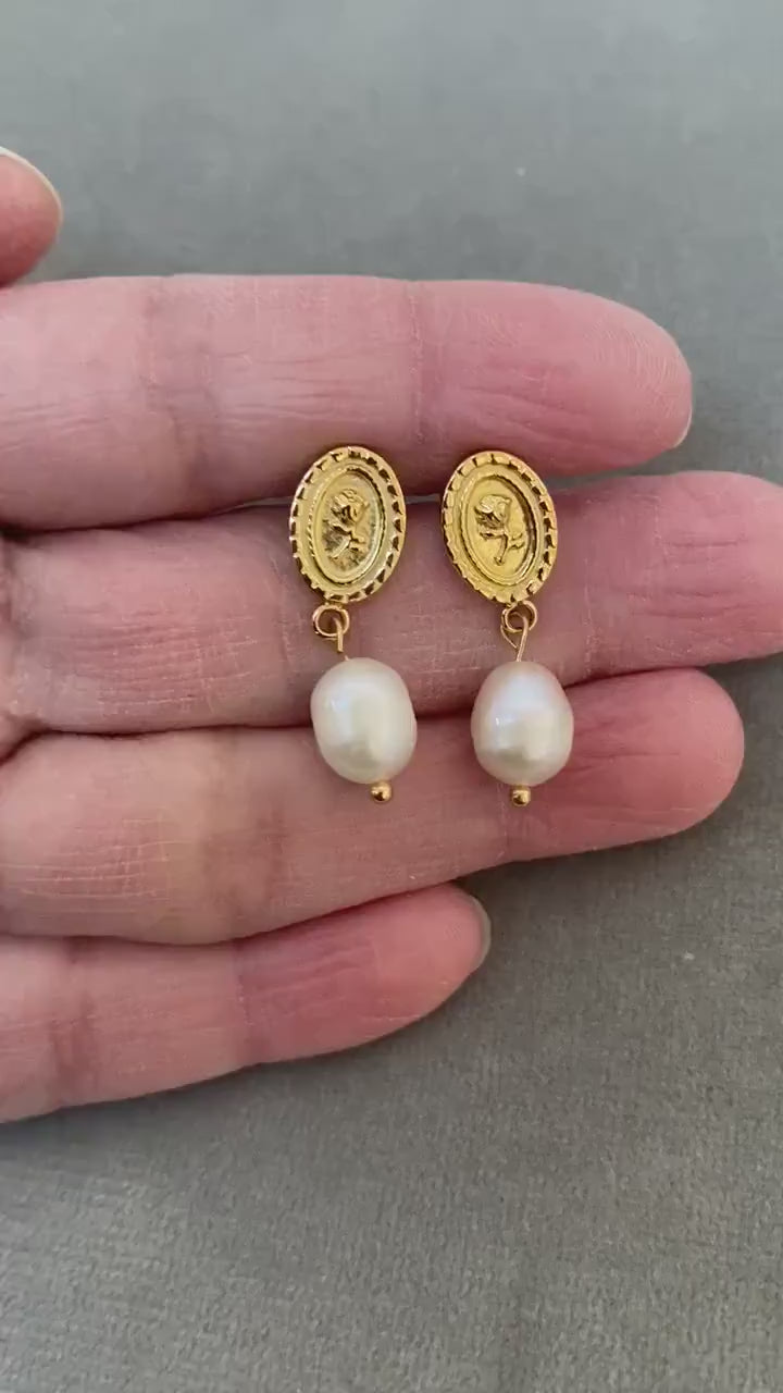Tiny Coin Design Rose Embossed Freshwater Pearl Earrings for Women, Pendant Coin Design Flower Pearl Earrings, 18K Gold