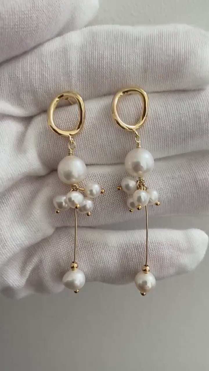 Elegant Long Tassel Style Hoop Earrings, Genuine Freshwater Pearl Drop Earrings, Delicate for Her, 14K Gold Solid. 925 Sterling Silver