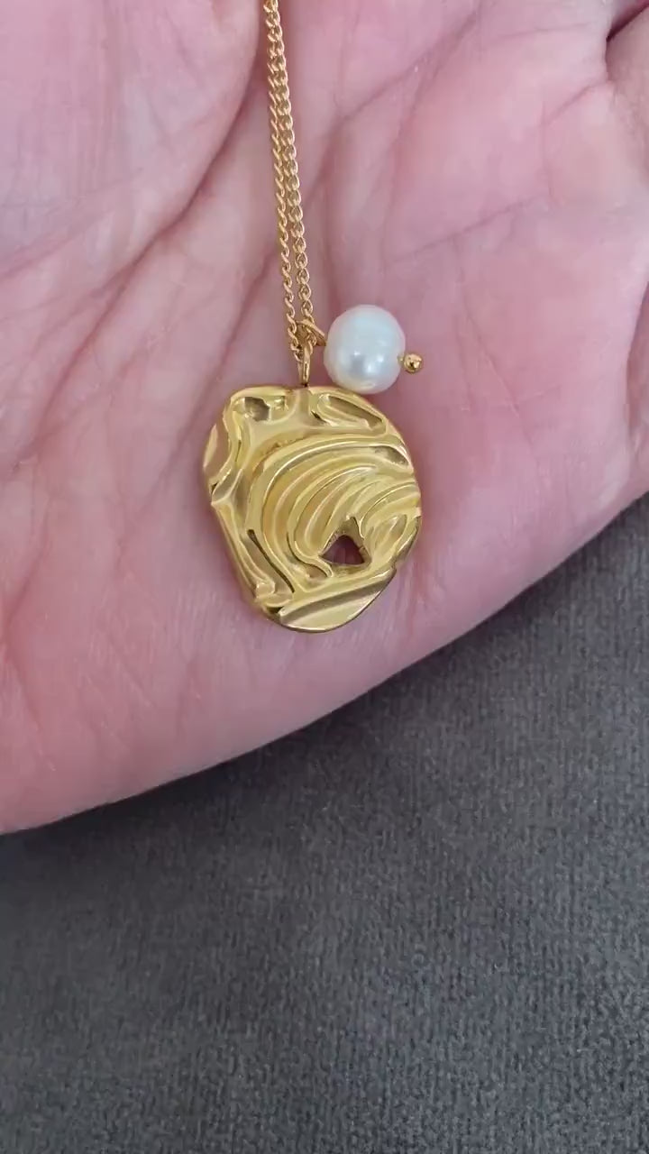 Ancient Greek Coin Pendant Pearl Necklace, Oval Coin Shape Pendant Pearl Charm Necklace, Iconic Curb Chain Necklace.