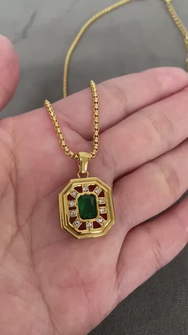Sparkling Natural Green Zircon Box Chain Necklace, Elegant Gemstone Pendant Necklace for Her, Delicate Gold Necklace. Vintage Style