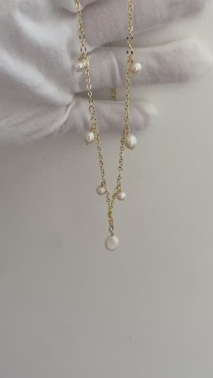 Gold Filled Multiple Drop Pearl Necklace, Dainty Layering Freshwater Pearl Choker for Her, Unique Irregular Pearl Mix Necklace