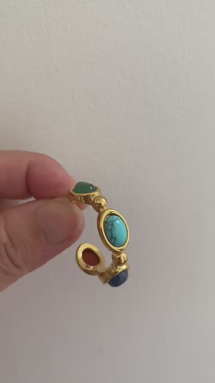 Colourful Lapis Stone Hoop Earrings, Natural Lapis Stone Earrings for Women, Vintage Look Style Earrings, 18k Gold Perfect for Summer