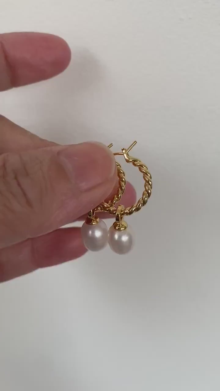 Mini Twisted Helical Pearl Earrings, Natural Freshwater Pearl Hoop Earrings For Her, Two styles in one Earrings. 18K Gold