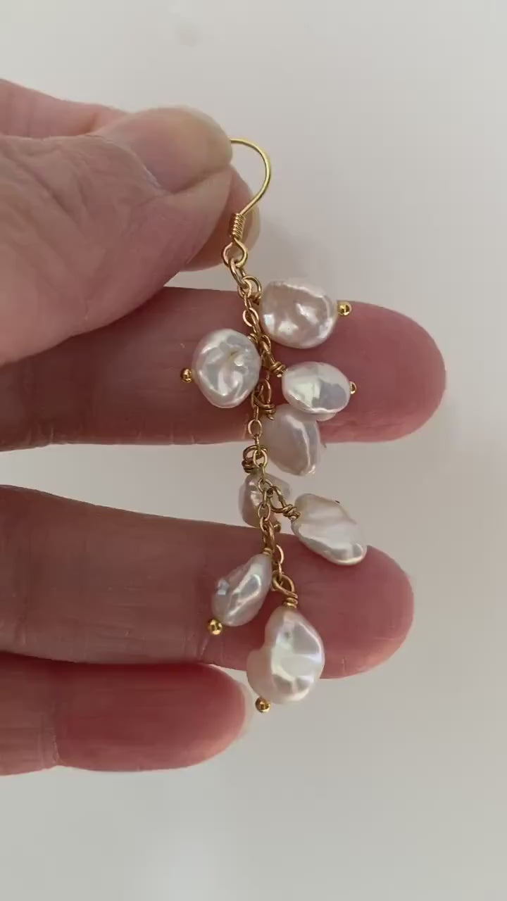 High Luster Keshi Pearl Tassel Earrings, Genuine Cornflakes Pearl Drop Earrings, Delicate for Her, Keshi Pearl Hoop Earrings 18K Gold Solid.