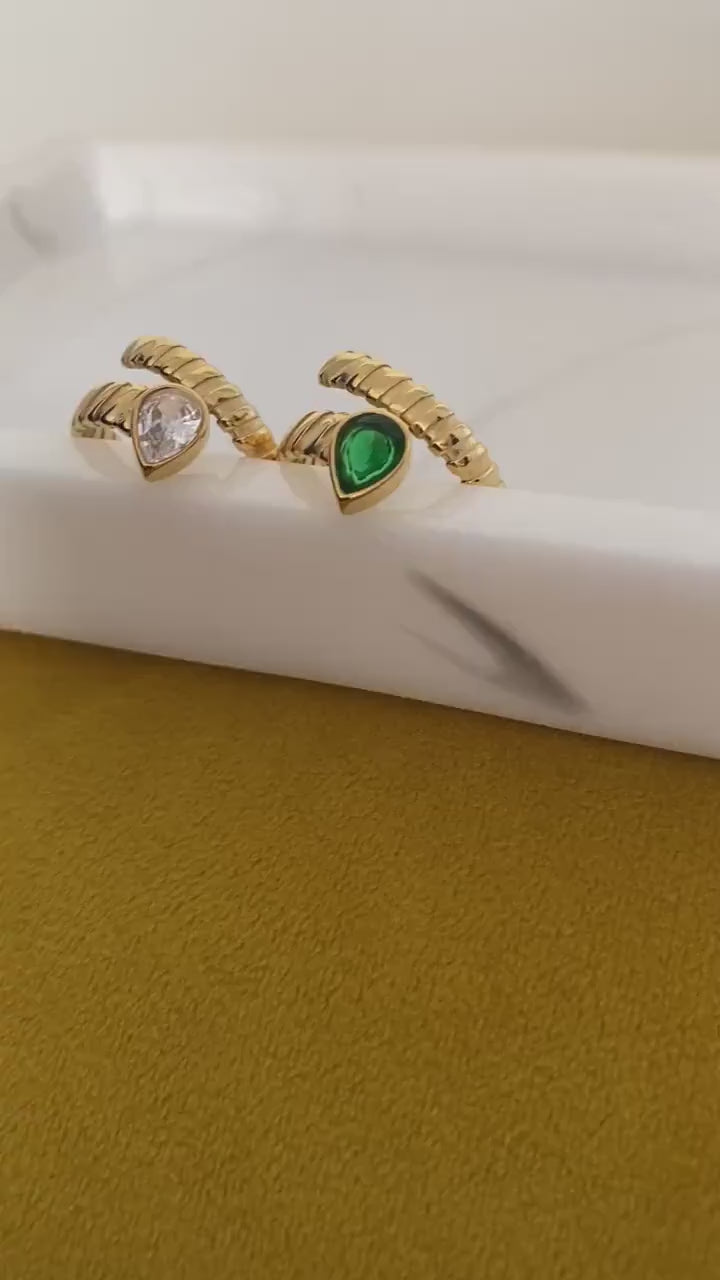Small Tiny Teardrop Green Zircon Rings for Women, Cubic Adjusted Statement layer Rings, Spiral Twisted White Zircon Open Rings, 18K Gold