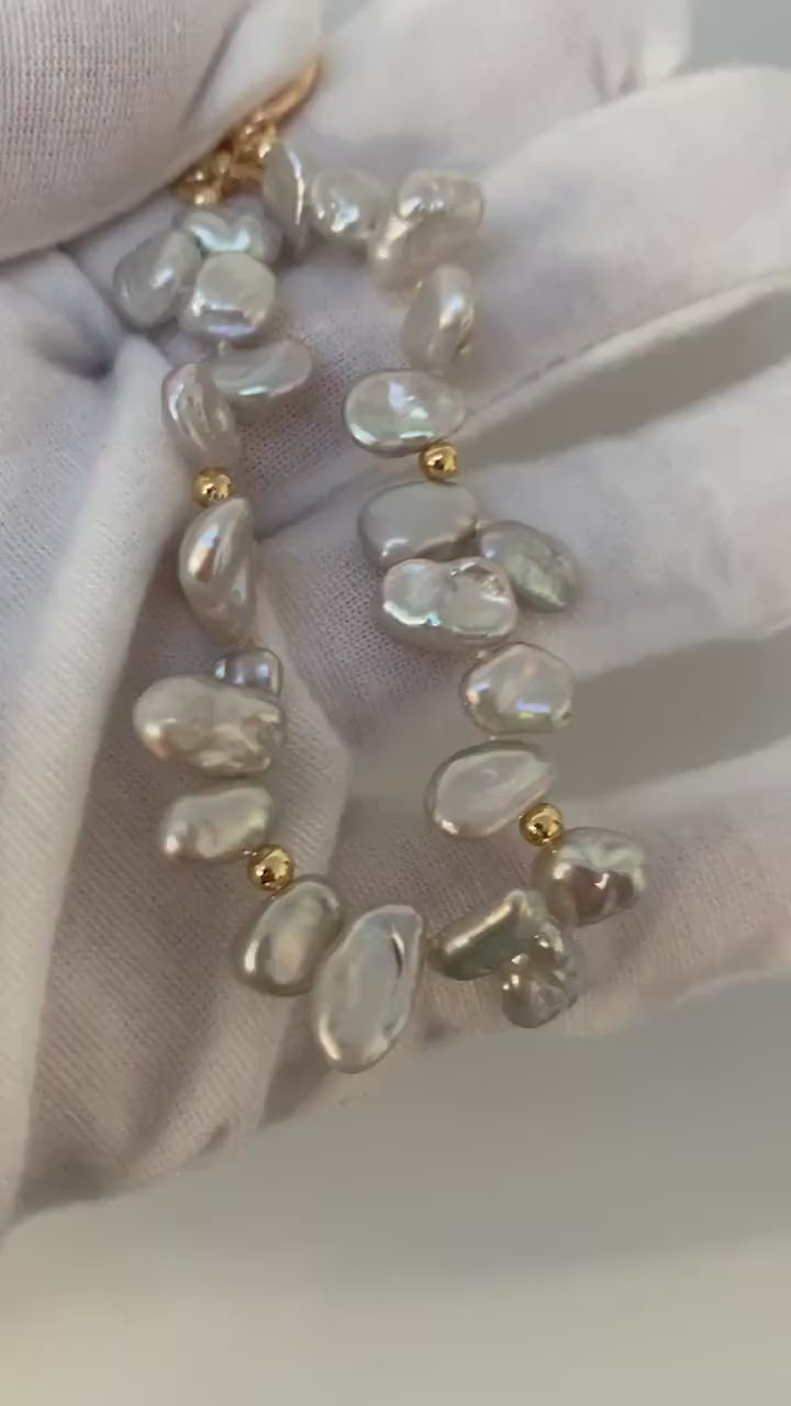 Grey lustrous Natural Keshi Petal Pearl Bracelet, Rainbow Glow Keshi Pearl Bracelet for Her, Tiny Cornflakes Pearl Bracelet, Fit small Wrist