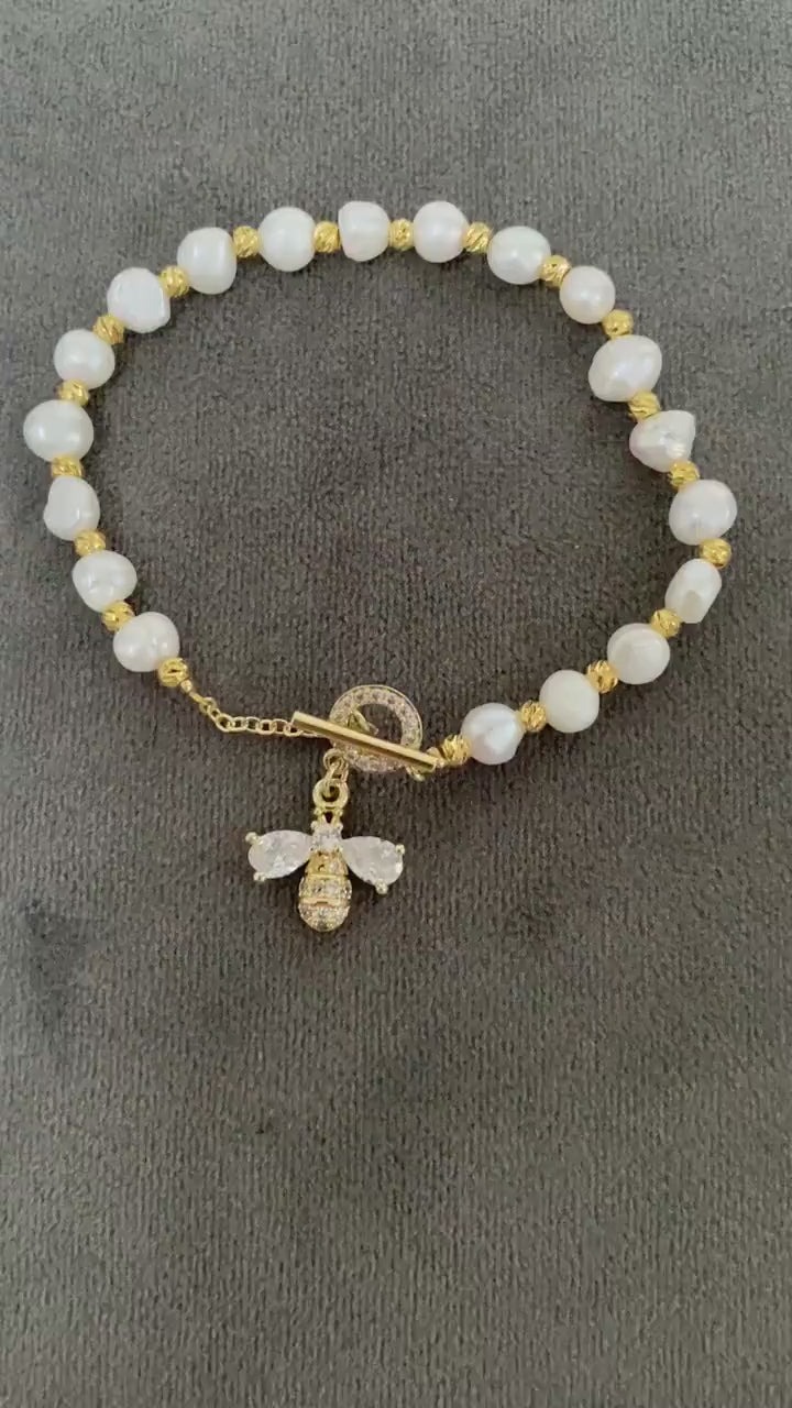 Bright Glitter Bee Bracelet, Zircon Bee Bracelet for Women, Freshwater Pearl Bracelet, Fun & Cute