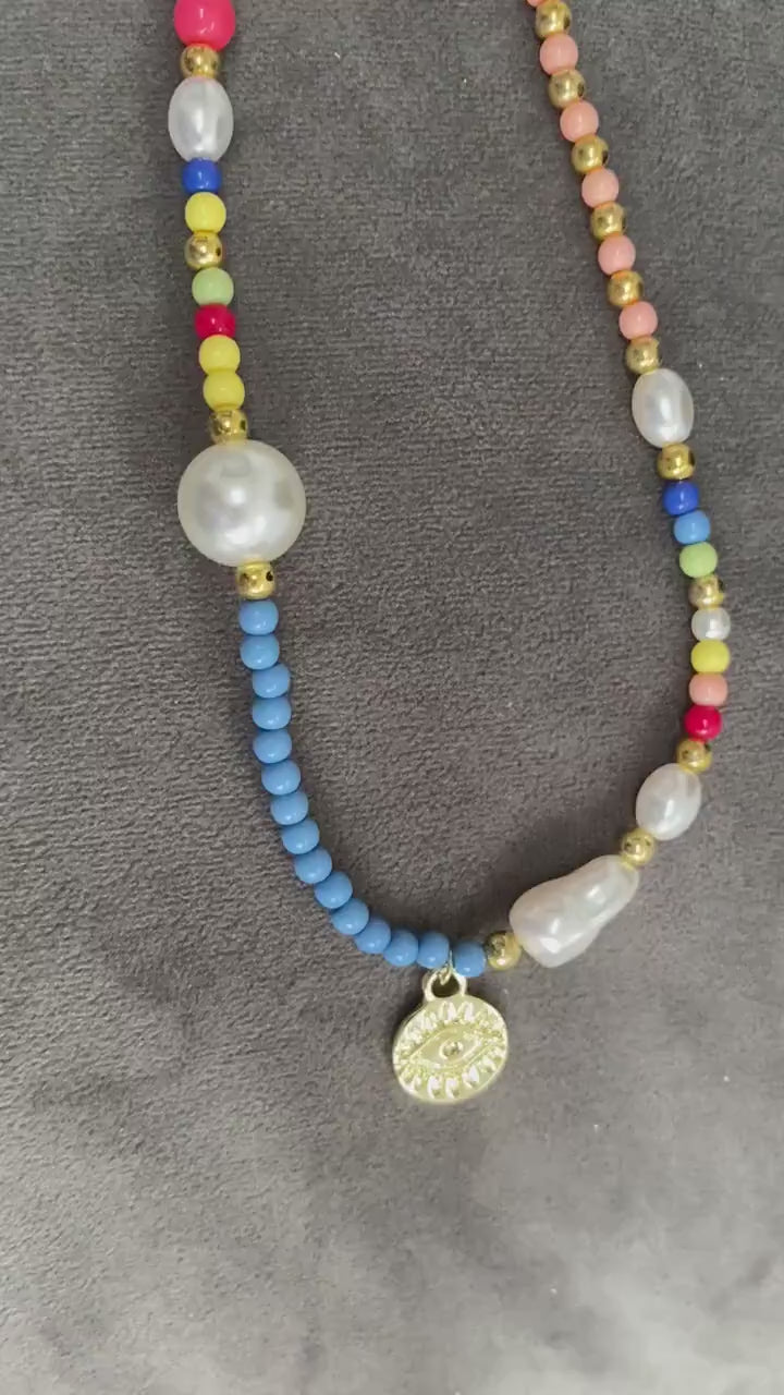 Colourful Summer Evil Eye Pearl Necklace with Multicolour Beaded Choker for Her