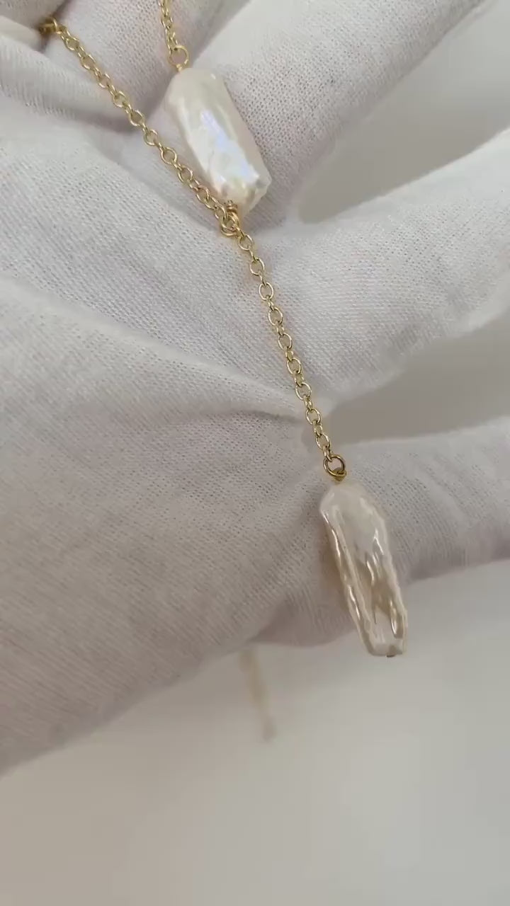 Two Long Keshi Pearl Beaded Chain Necklace, Rectangular Keshi Baroque Choker for Her, High Luster Multiple Pearl Modern Chain Necklace