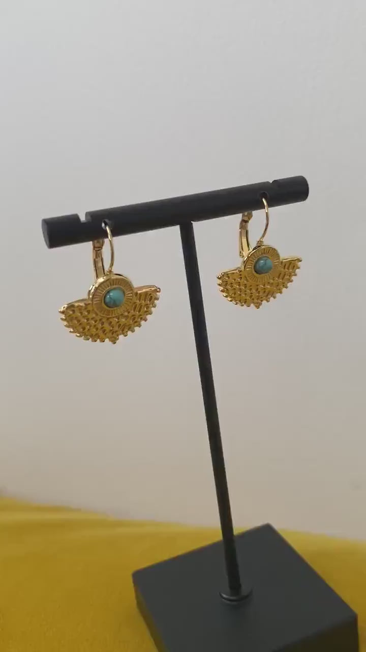 Blue Turquoise Stone Sunburst Earrings, Bright Shinning Moon Turquoise Stone Earrings for Her, Bohemia Style, Perfect for Summer