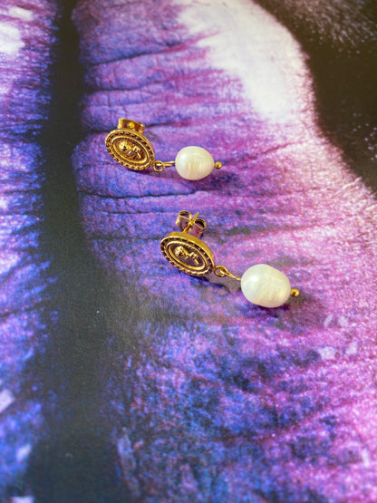 Rose Embossed Freshwater Pearl Earrings for Women, Pendant Coin Design Flower Pearl Earrings, 18K Gold Tiny Coin Pearl Stud Earrings