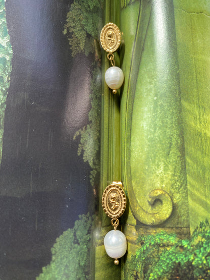 Rose Embossed Freshwater Pearl Earrings for Women, Pendant Coin Design Flower Pearl Earrings, 18K Gold Tiny Coin Pearl Stud Earrings