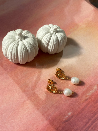 Rose Embossed Freshwater Pearl Earrings for Women, Pendant Coin Design Flower Pearl Earrings, 18K Gold Tiny Coin Pearl Stud Earrings