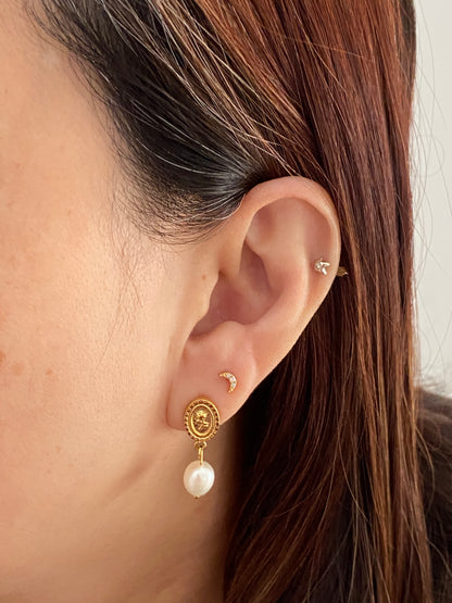 Rose Embossed Freshwater Pearl Earrings for Women, Pendant Coin Design Flower Pearl Earrings, 18K Gold Tiny Coin Pearl Stud Earrings