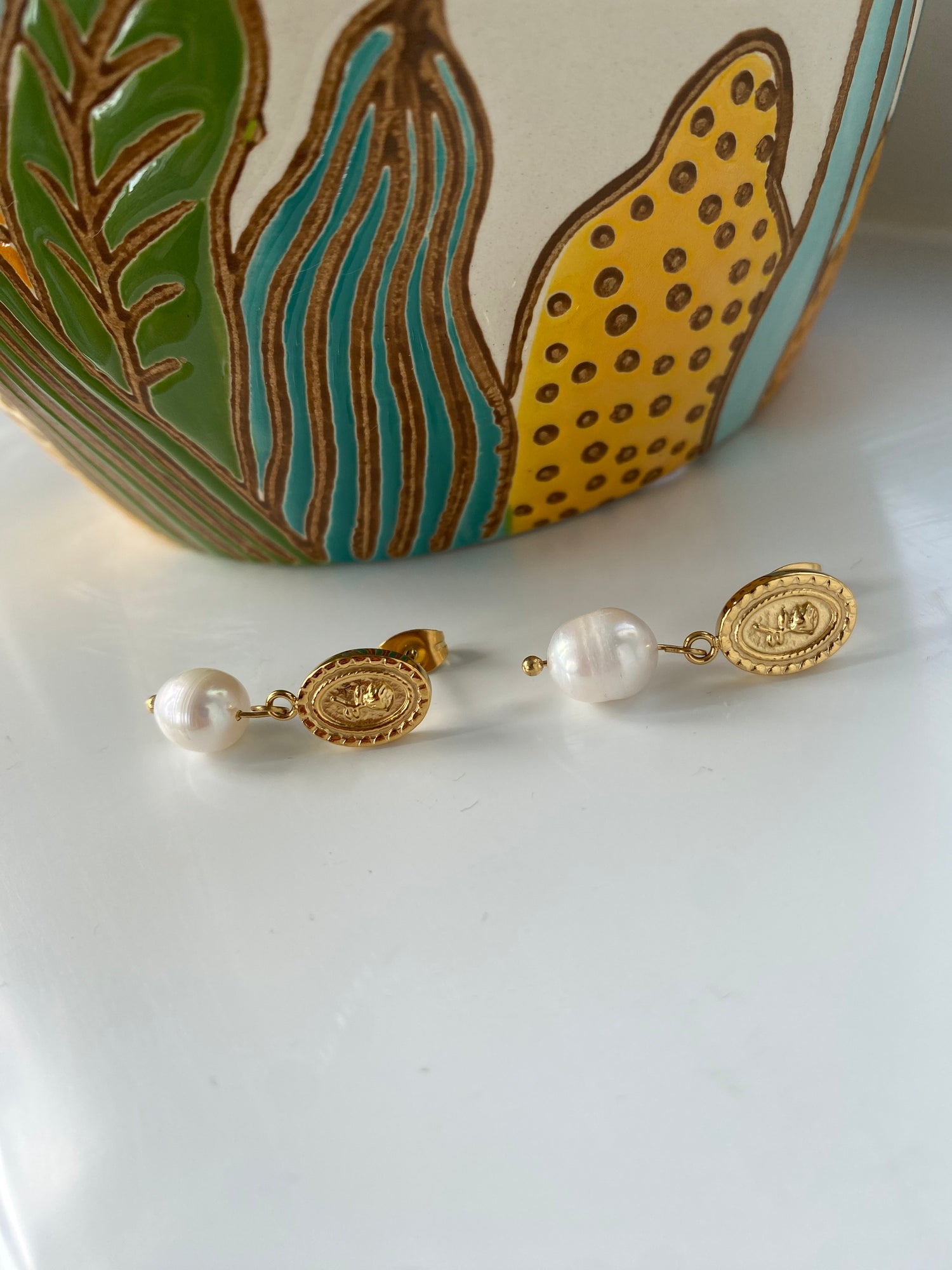 Rose Embossed Freshwater Pearl Earrings for Women, Pendant Coin Design Flower Pearl Earrings, 18K Gold Tiny Coin Pearl Stud Earrings