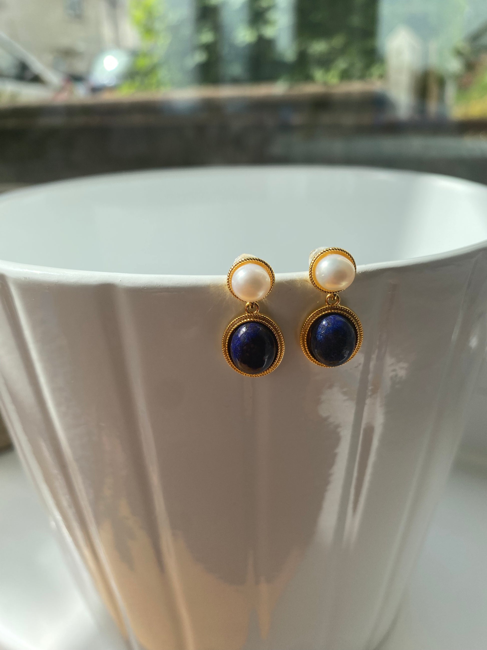 Blue Lapis Lazuli Pearl Drop Earrings, White Shell Pearl Earrings for Women, Handmade Precious Blue Stone Stud Earrings - eVE United Kingdom